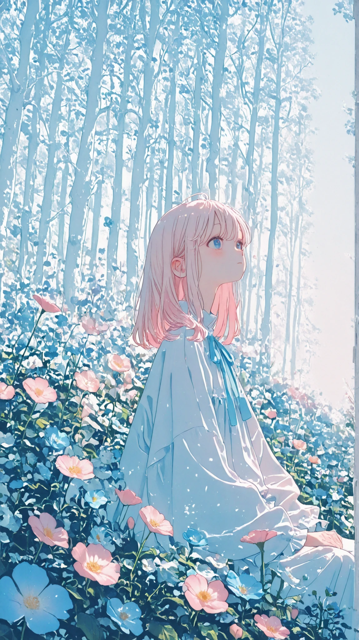 (((white森の中で))) 、 Pale blue flowers , very light pink flowers in the white forest, white、 Eye Catching 、beautiful scenery、Light blue scenery、Wallpaper、Amazing Background、 everything is in harmony 、pastel、pale blue color