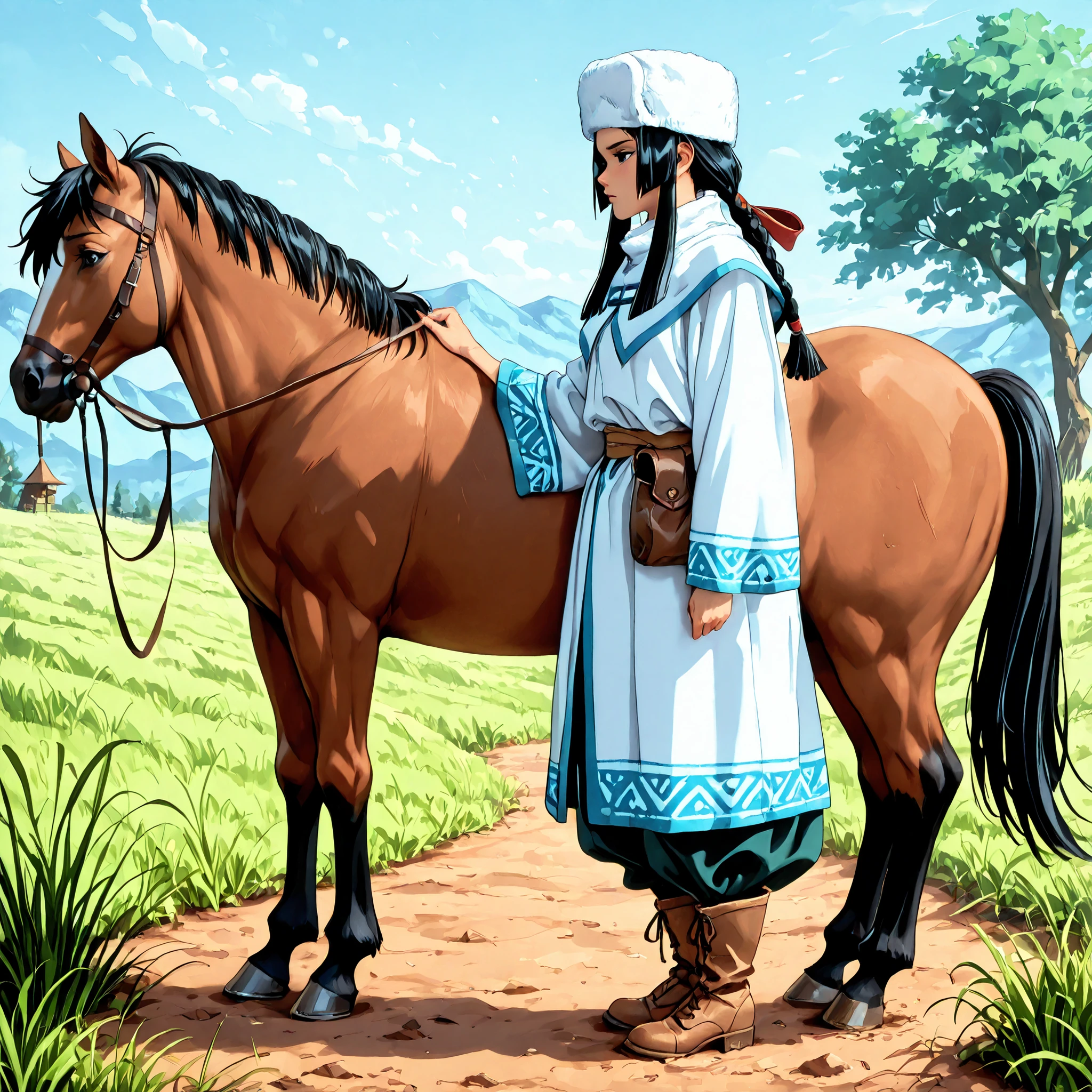 1 girl,beautiful girl,adult,18 years old,black eyes,narrow eyes,black hair,long hair,braids,skinny,masterpiece,general,highres, ultra-detailed,very aesthetic,best quality ,best hands,best eyes,perfect anatomy,anime coloring,retro art style,1990s /(style/),easynegative,BREAK,deel,del,traditional mongolian deel,del,fur hat,boots,whole body,full length,short bow, leather pouch,steppe climate,deel,traditional mongolian deel,fur hat,boots,short bow, leather pouch,steppe climate,deel,del,traditional Mongolian deel,long-sleeved robe,BREAK,dry land,extremely short grass,horses,saddles,cute,kawaii,mongolian style trousers,ground level shot,from side,