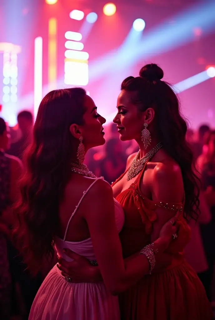 Capture a photorealistic, hyper-detailed image of 2 girls together in a single frame, 18 years old, (kissing:1.2), smiling, Dark hair, choker, shag_cut hair, (big breasts:1.3), curvy russian women in a mini floral dress at a rave party in greece. Realistic skin texture. Use ambient street lighting to create vintage shadows. evening. Export in RAW with a 'vintage elegance' Instagram LUT