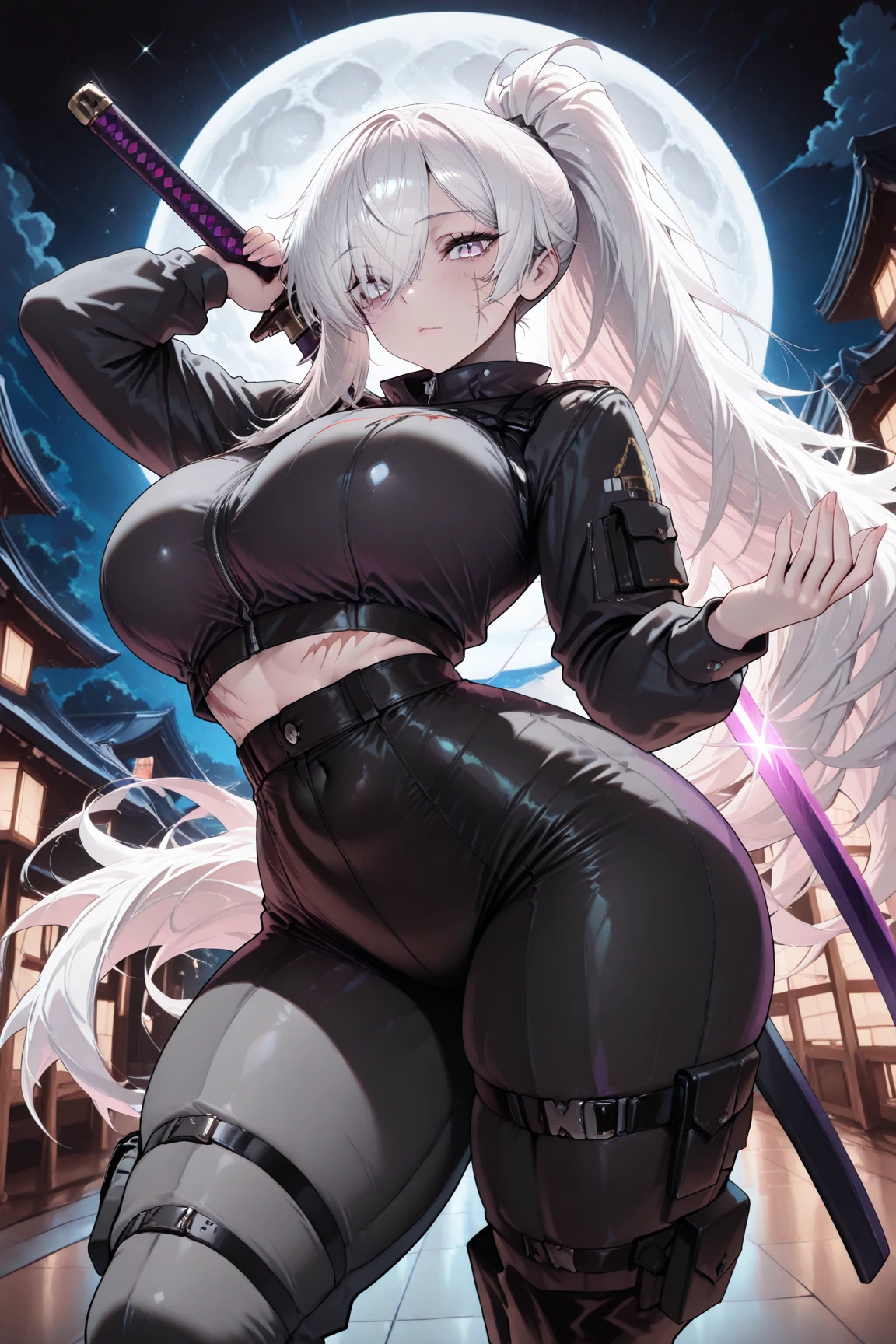huge breasts, huge ass, big thighs, small waist, white hair, luscious messy hair, tall(), bursting breats, short dress, night life, on street, plush lips, walking towards viewer, attractive face