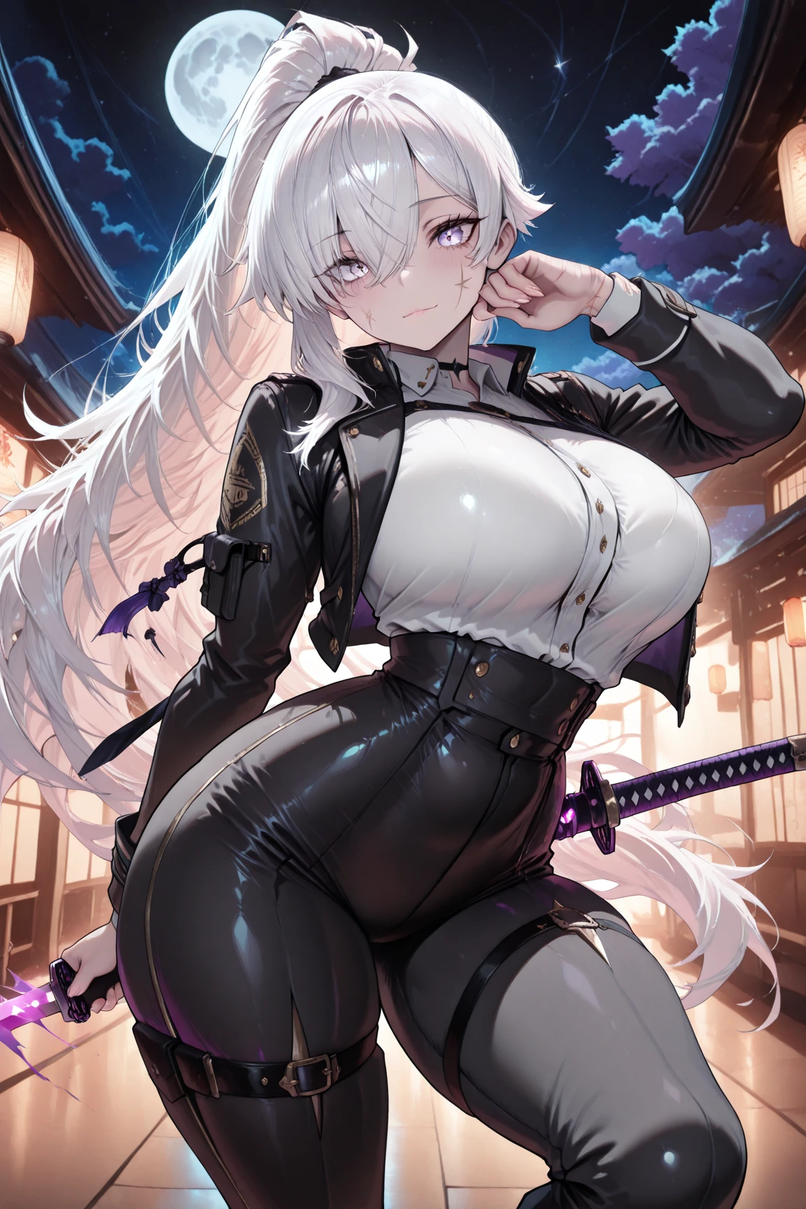 {siren_azur_lane} 1girl, white hair, tight black shirt, large breasts, large thighs, levitating, black rigging with laser cannons on the back, yellow eyes, smug, black background