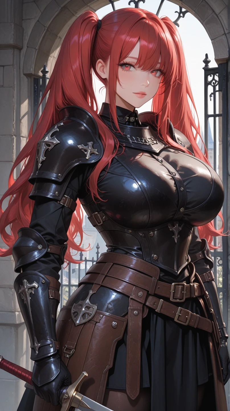 Meisterwerk), high resolution, (Extrem detailliert), fotorealistisch, 女の子1人, (((sehr langes, lockiges, kirschrotes Haar, seductive bright red eyes, largeeyes, Augen, niedliches Gesicht, kleines Gesicht, Scharfes Gesicht, gorgeous eyes, Blutjung, big legs, dicke Beine:1.7, wahnsinnig schmale Taille:1.3, medium boobs:1.3, flush, (Extrem sexy, sexy, sexy, sexy, sexy, sexy)))), ((Glatte Haut, Weiche Haut, Pralle Haut, Knight's Armor, steel leotard, leotard, bare legs, belt, fully armored, helmet, metal knight, patrolling the streets, fat ass, full upper body armor, running))