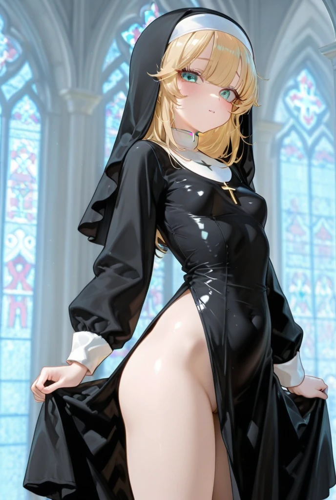 Ultra realistic girl 8 years old, childshi body , long blonde hair frinje , nun , disgusted , latex , lingerie thong pantie ,garterbelt long socks , Gloves , inocent , standing, dominatrix .