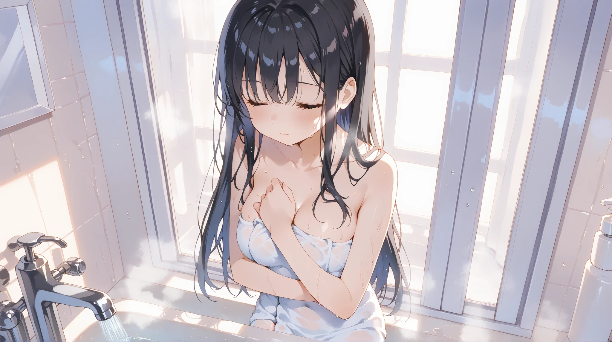 nsfw,masterpiece, extra limbs, 1girl,8years old, black straight hair, tareme brown eyes, (((delighted))), ((white sundress strap slip)),squatting,open legs,arms behind head, playground equipment,pov