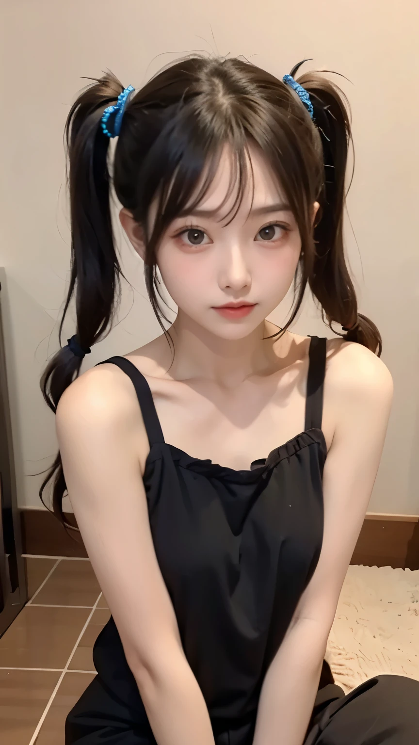 Pieces fly, highest quality, Very detailed, Fine details, High resolution, 8k,Perfect dynamic composition, Beautiful fine details, White bikini swimsuit、,Twin tails、,Big Natural Color Lip, Bold sexy pose,Crying face、Cold Stare,14-year-old girl、Cute type、Lolita、Dark blue walls、Good Eyes、whole body
