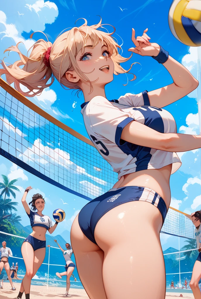 score_9, score_8_up, score_7_up, score_6_up, score_5_up, score_4_up, rating_safe, beach volleyball, match, players, dynamism, volleyball, volleyball court, blue sky, blue sea, white sand, beach, dazzling sunlight