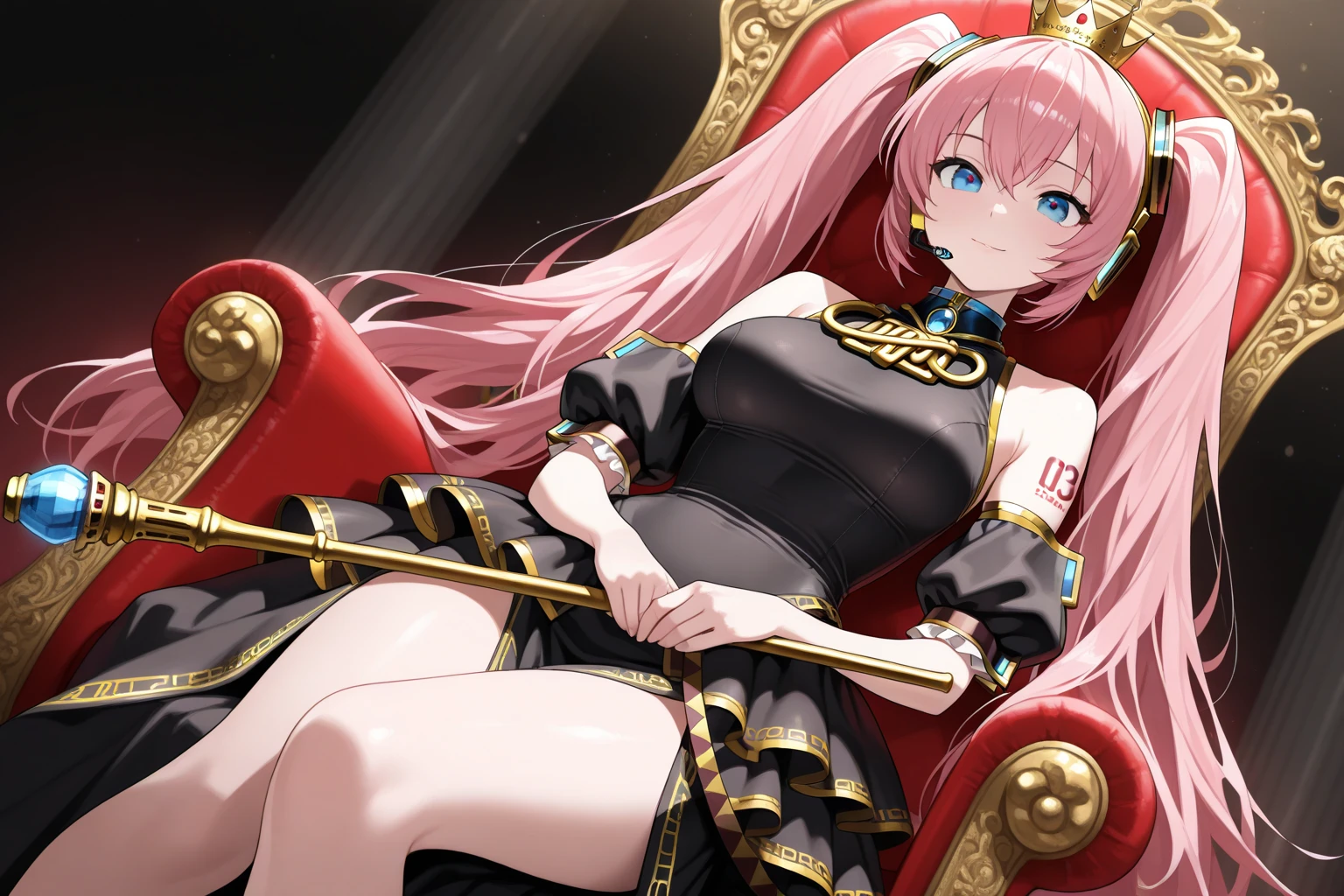 1 confident woman with floor-length pink hair, huge and big breasts, Futuristic royal costume in white with black and gold details, tall woman, blue detailed eyes, sitting on the throne of skulls , judgmental look, golden metal skulls, sovereign pose, cyberpunk queen