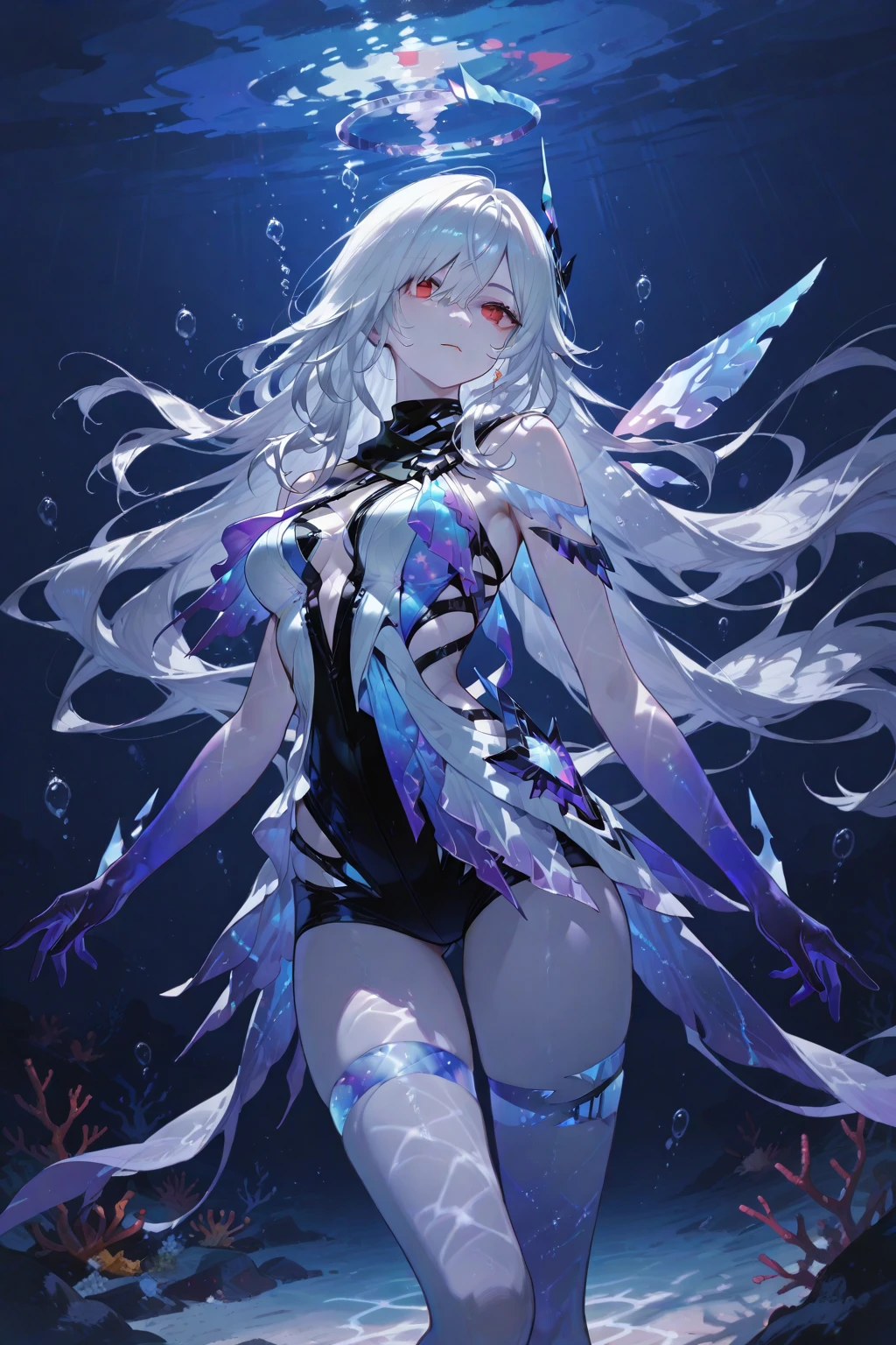 <lora:lightAndShadow_v10:0.6>,1girl, underwater, skeleton,corpse,Beneath the sea, where tendrils of coral and vines abound, a (mermaid) girl stares at you from amidst a pile of bones and skulls. Her eyes gleam with an eerie light.