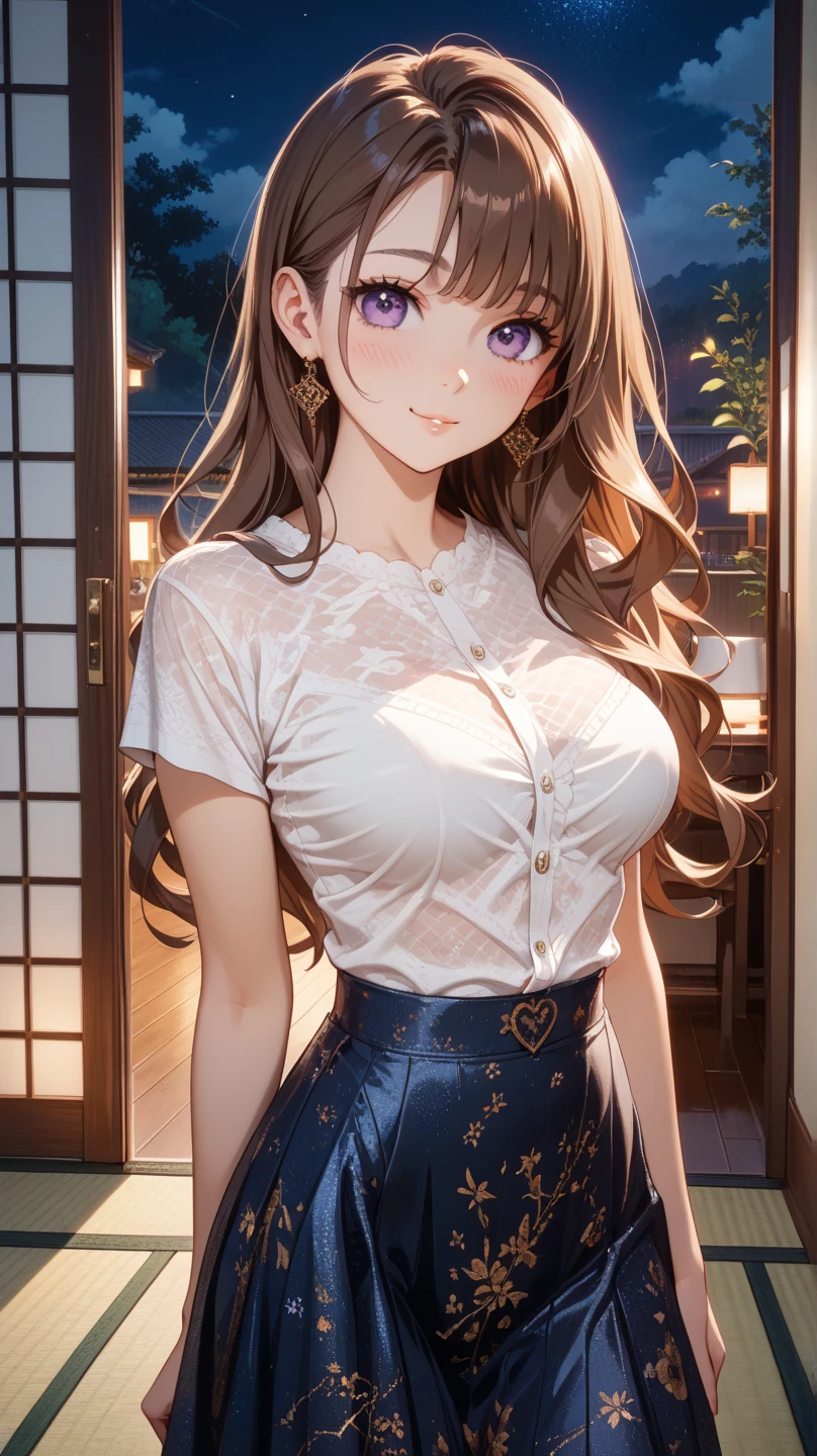(masterpiece:1.3, Highest quality, Ultra-high resolution, Super detailed), (Realistic, photoRealistic:1.4)(Highest quality, masterpiece:1.2), Perfect lighting, colorful, Written boundary depth,
View your audience, (Face Focus, ), 1 Girl, alone, Beauty Witch,30 years old, Sculpture model, (Large Breasts:1.5, Big Ass, Captivating thighs, Skin dents),
(Mid-length hair:1.2, Half Up:1.2, Light brown hair), bangs, braided bangs, (Golden Eyes), Droopy eyes, Lips parted, Shiny skin,
Beautiful Hair, Beautiful Face, Highly detailed face, Beautiful details, Beautiful clavicle, Beautiful body, Beautiful breasts, Beautiful thighs, Beautiful legs, Beautiful fingers,
(Detailed cloth texture, (Long sleeve frilled off-shoulder shirt that shows off your belly button, Detailed white low rise panties, )), garnet necklace,
(Beautiful views), night, (shoulder strap, Modern), (Captivating smile),
