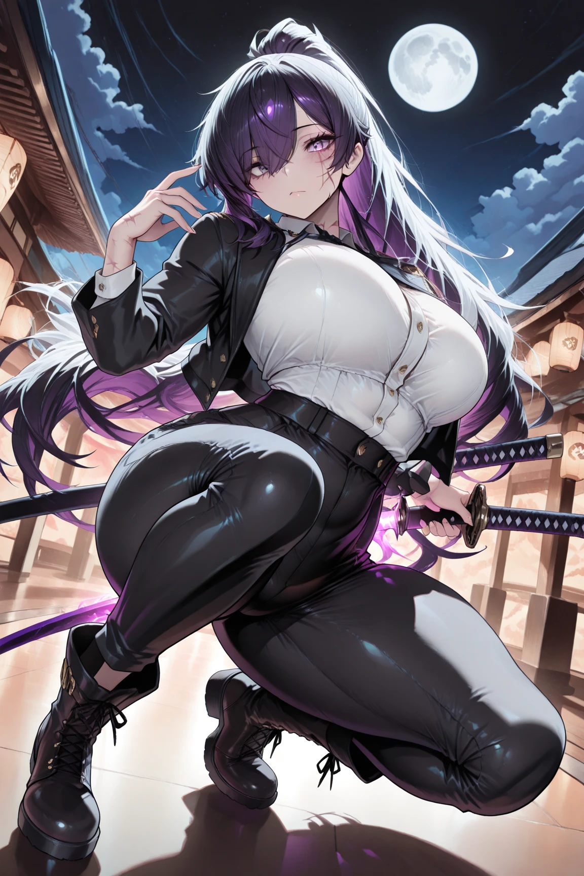 One Woman,Precise five fingers、Two long, accurate legs、Long Hair、Knee-high socks、Wide Hips、plump and thick thighs、Huge Ass、Huge breasts, Embarrassed look、Full Body Shot、Sexy pose、panties、White background、 Oily, shiny skin,woman、Tube top,Shorts,Cropped jacket,Belt boots,Hair Ribbon,Barrette,Earrings,Single socks,high belt,Thigh straps,Detachable sleeve,Black collar,Nicole(zenless zero),Glowing Skin,City of night,neon,smug face,smug face,White tops