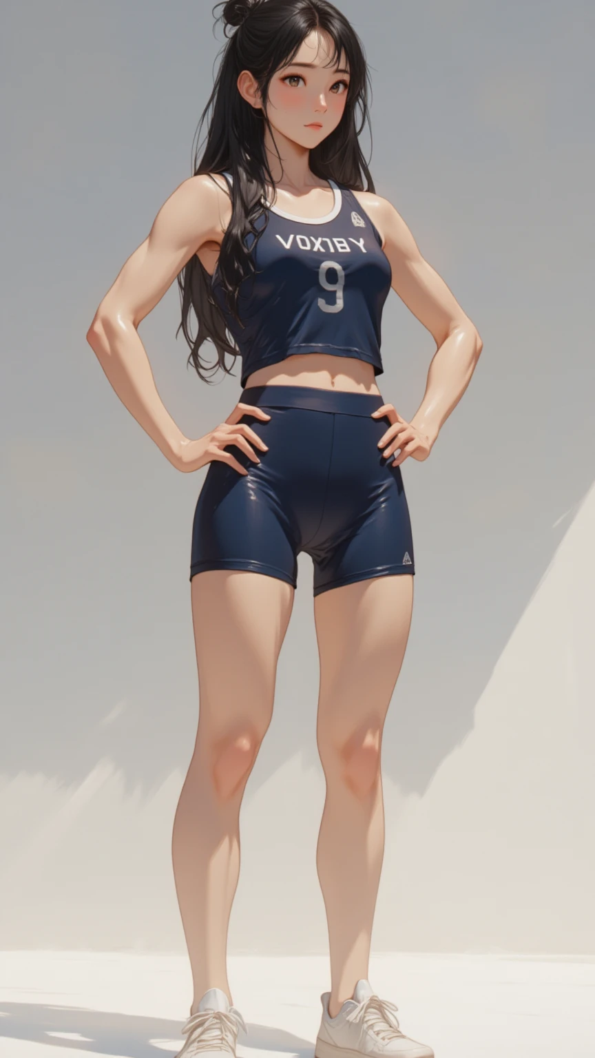 photos of professional women, 1 girl, flirting, (shiny), morning, sexy, playing volleyball, costume with logo, gymnasium, backlit, (bangs), bloomers, (sweaty: 1.3), blurring background,