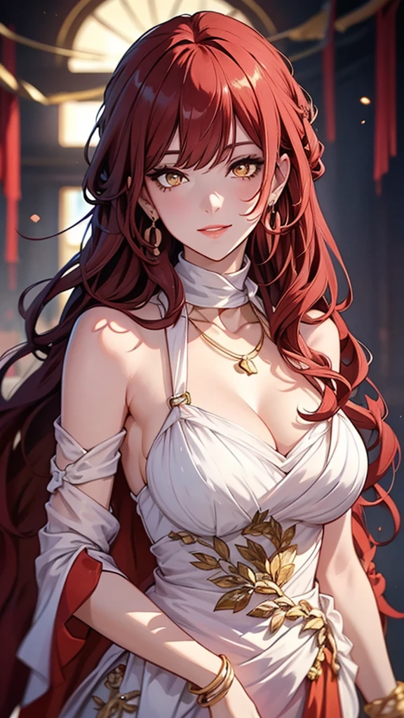 SFW (masterpiece, best quality, 32k) a youthful teenage girl with medium red hair ((dark red hair, elegant hair, bangs, diagonal bangs, straight bangs, asymmetrical bangs, asymmetrical hair, straight hair)), ((violet eyes, detailed eyes)), ((eyeliner, eyeshadow, lipstick, light makeup)), ((youthful face, beautiful face, cute face, innocent face, pretty face, naive face)), ((pale skin, porcelain skin, white skin, smooth skin)), outside, outdoors, simple background, standing, confident pose, at-ease. ((adventurer outfit, fantasy outfit, elegant dress, tasteful dress, fancy dress, royal dress, layered skirts, miniskirt, overkirt, cleavage, bare shoulders, detached sleeves, long sleeves, loose sleeves, wide sleeves, pantyhose)), ((huge breasts:2.5, enormous breasts:1.5, gigantic breasts:1.5, round breasts:2, heavy breasts:1.5, framed breasts)), ((slim:1.4, lithe:1.4, slender:1.4, thin:1.4, busty:1.2, buxom:1.2)), ((round hips, thin waist, waspish waist)), ((long legs, slender legs)), small smile ((full lips, red lips)), ((cheerful expression:1.5, happy expression:1.5, sparkling eyes)), open eyes, large eyes, expressive eyes, head-to-waist portrait, cinematics, color oil painting, cinematic lighting, ((extremely detailed face)), ((finely detailed face)), Extremely detailed eyes, finely detailed eyes, beautiful face, beautiful eyes, perfect lighting, depth of field, (realistic proportions), (good anatomy), ((solo:1.6)), ((1girl:1.6))