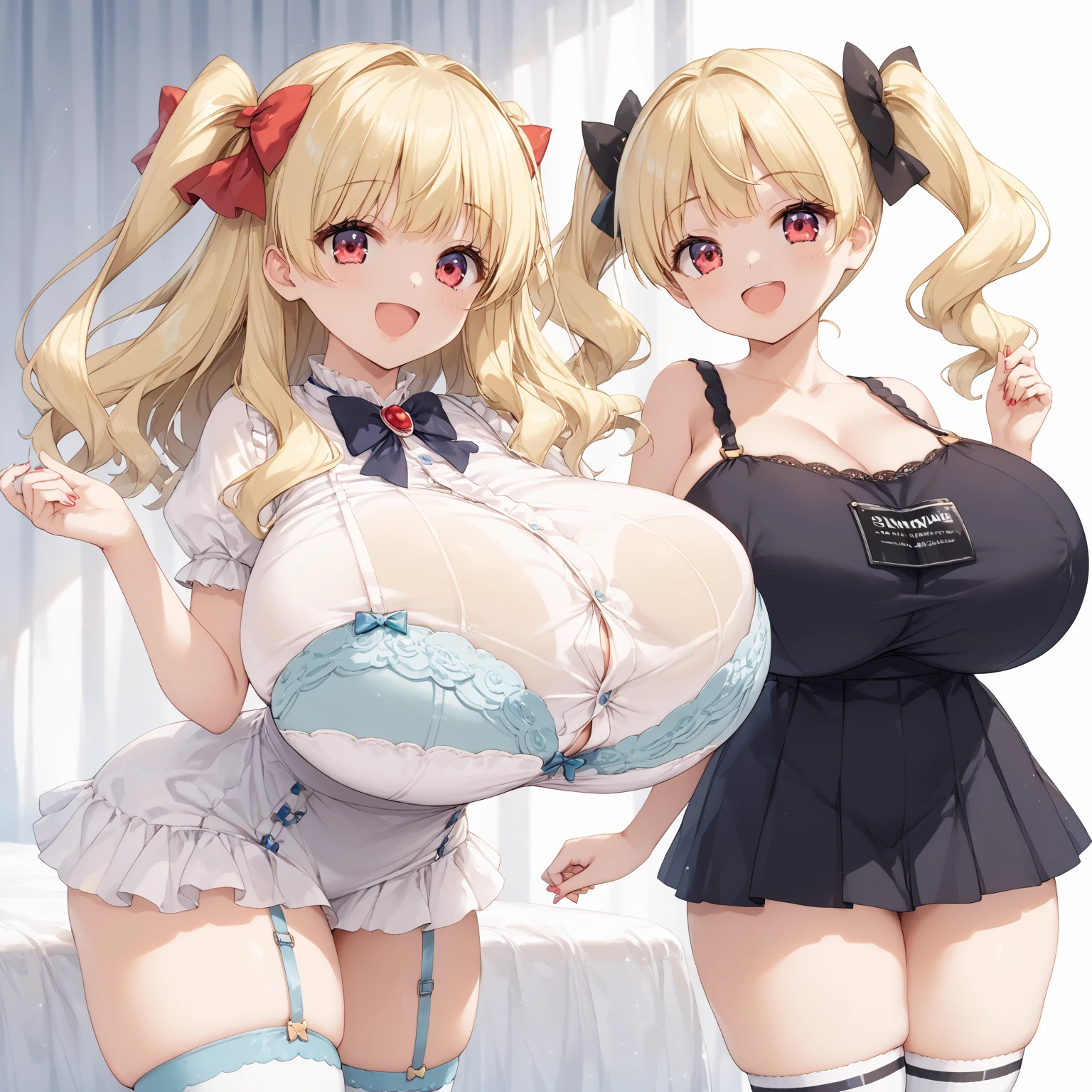 Pyra,mythra,apron,Females in heat,blush,open mouth,gigantic huge breasts,looking at viewer,Taken from the viewpoint above,upturned eyes,near,standing up,Lined up,house,in room,SFW