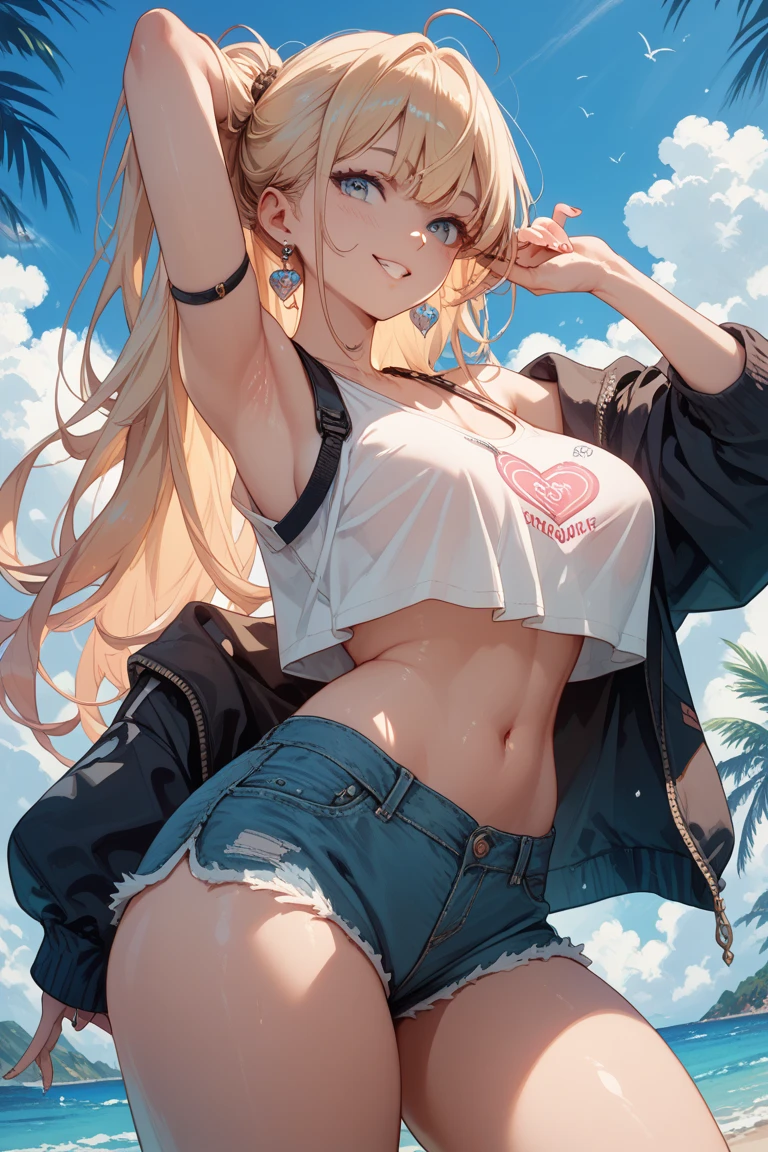 (masterpiece:1.3),(highly detailed:1.3),(highres:1.1),best quality,Ultra-detail,1girl,solo,beach,centi \(supreme holiday\),white shirt,tank top,see-through shirt,short shorts,backwards baseball cap,standing,happy,looking at viewer,<lora:centi_supreme-holidayv2:1>,