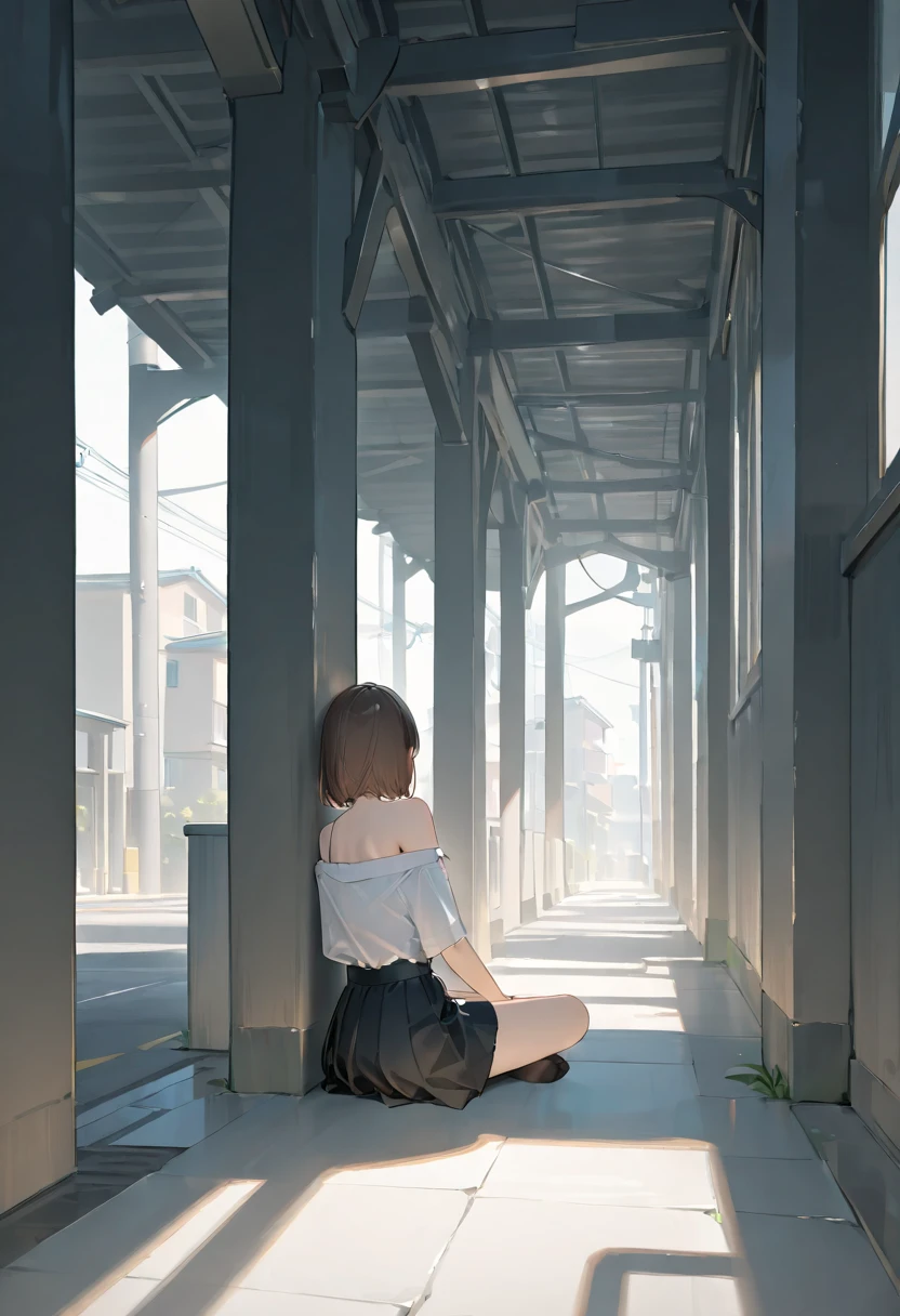 A girl that give up love, looks like a girl that give up, inside a building, sitting, midnight