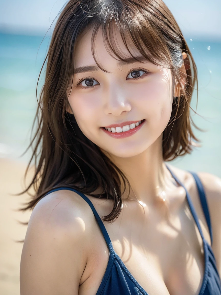 (RAW photos), (realistic), (masterpiece), (best quality), high resolution, 8k, (intricate details), (Voluminous light), portrait, female, 3, medium hair, straight hair, Center chest gap, layered hair, brown hair, very nice eyes, source order, very nice eyes썹, very good skin, Very good mouth, Very good nose, Cute like an idol, happy smile, (thick lips), (looking at viewer), (Simple black bikini), slim body, ((maldives beach)), ((Hair that is very wet))