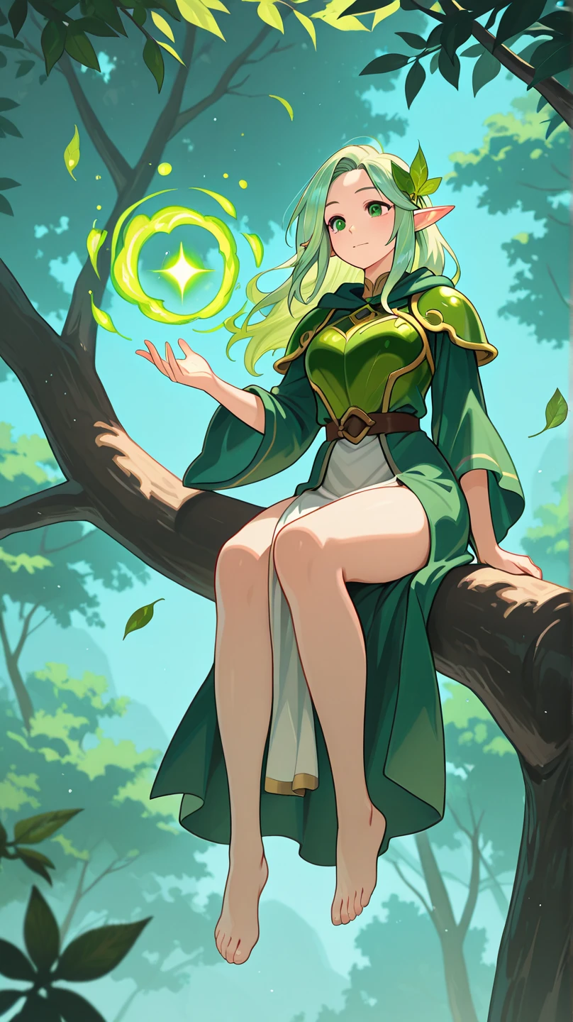 an elf mage, long light green hair, bangs, glasses, large breasts, exposed thighs, hair between eyes, heroic posture, green eyes, full body, white and green sorcerer's cloak, confident, fantasy, medieval, wind magic, sun rays, lens reflection, brilliance