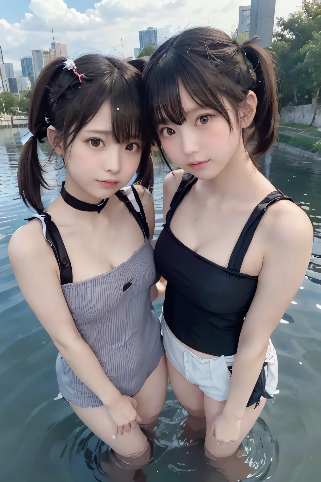 8k, raw photo, best quality, hires, realistic, photorealistic, extremely detailed 8k wallpaper, beautifully detailed eyes, finely detailed face,
 break 
(rim lighting to pigtails),bokeh,
 break 
perfectly anatomically correct:1.2,
 break 
(s-bridge arches elegantly across the scene),
(s-bridge's structure illuminated by soft white and red lights that reflect vividly on the rippling surface of the s-river below),
the tranquility of a cityscape during twilight,
[the urban setting is suggested by the presence of tall building in the background],
the bluesky above is painted in subtle gradients of dusky blue and orange, cloud,
[indicating the sun's recent retreat beyond the horizon],
[a series of metallic posts on the left side line are adding depth to the foreground the water's edge],
the scene exudes a calm and reflectives mood,
as the gentle interplay of light on s-river creates a mesmerizing dance of colors,
 break 
((2 ladies is standing side by side:1.3, like two angels with short pigtails:1.3)),
neat summer factory uniforms,
kawaii, cute natural anime faces,
symmetrical clear eyes, chocolate color eyes with captivating reflections,
symmetrical face line, stereoscopic projection of  face,
gentle narrow eyes, wide-set eyes, moderate eye bags, reverse banana-shaped round eyes, tareme, [[double eyelids]],
small face, round face, rounded jaw, [oval-shaped face, [thin lips, small nose, chiseled face], blush, embarrassed], healthy skin color,
looking up to the sky,
SFW,
 break 
dynamic wide angle shot, from below, feet out of frame,
[soft saturation, soft contrast]