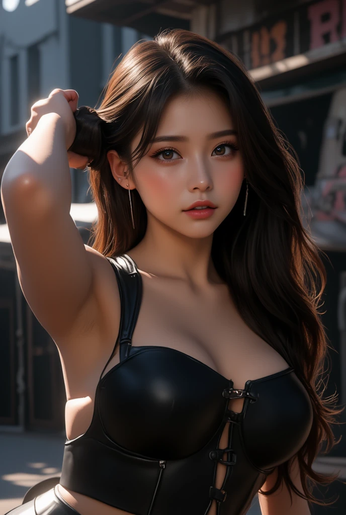 Beautiful girl small breasts, long hair, machine arms in cyberpunk scene