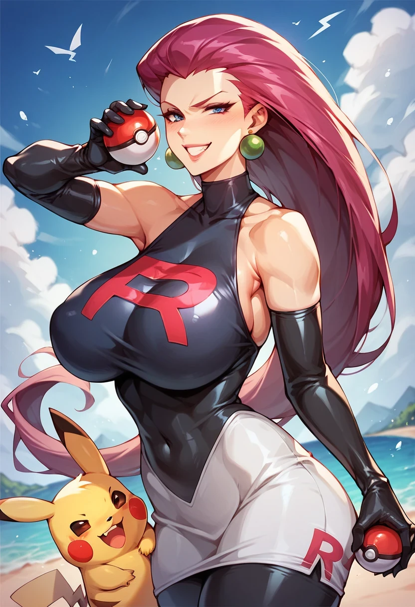 Generate an illustration of a mature (lorelei), gym leader of pokemon, holding a pokeball, black vest, purple skirt, de terno preto, long hair, hair flows straight down, darkred hair, (gigantic breasts:1.4), Red outfit in anime format with a serious style, gothic make up, masterpiece, vibrant lighting, black background, puffy lips,slendered abs, beautiful face, LoreleiPKMN, Ponytail, Glasses