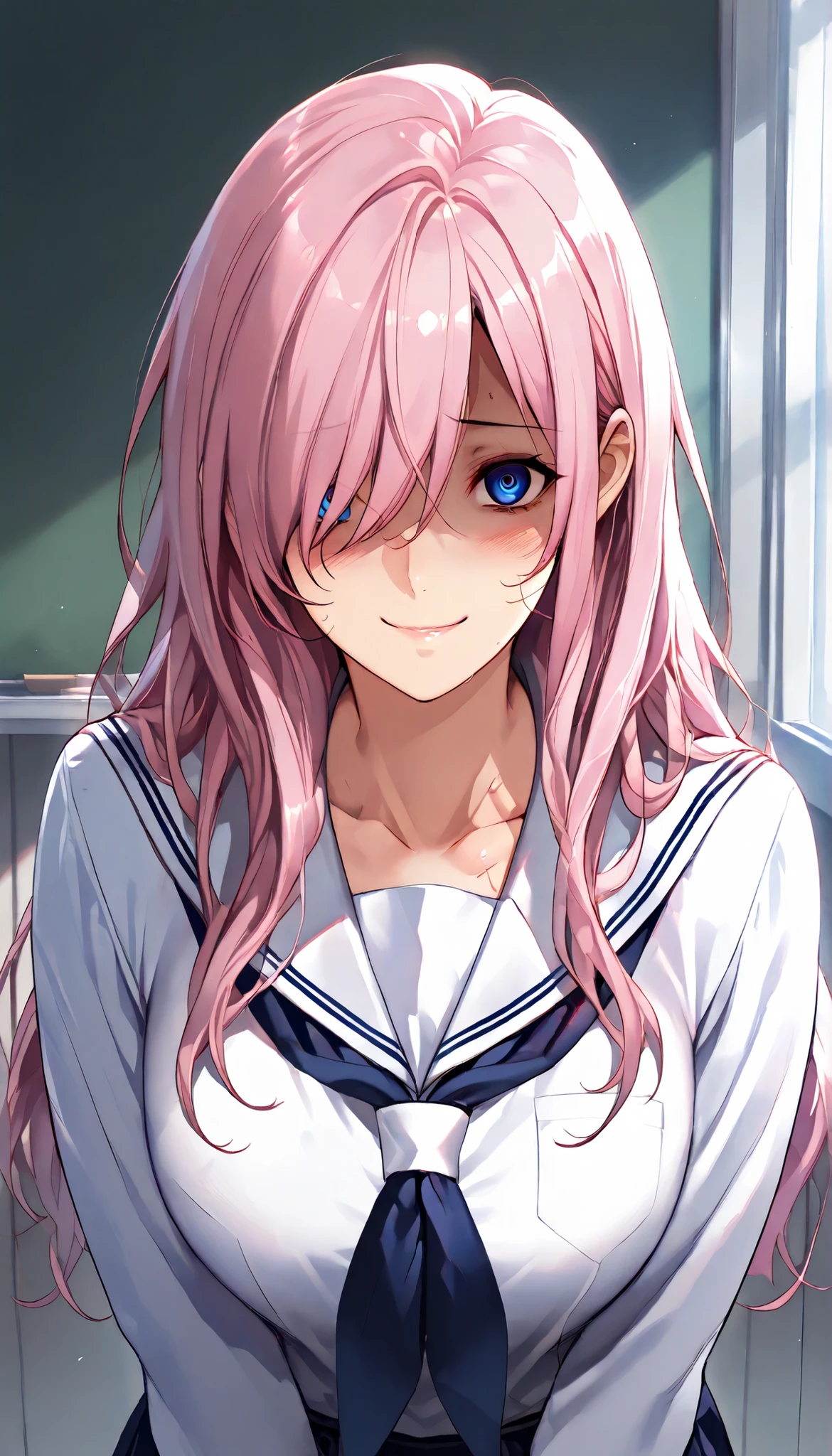SOLO,Modern Backgrounds,A female with slim body(older girl),blue eyes,shiny skin,(Wearing A White school uniform),In The school,(yandere),light smile,Pink long hair, hair over one eye),slightly tilted forward,UHD, SOLO, anatomically correct, masterpiece, textured skin, high details, highres, 1080P, 16k, accurate, Beautiful face, Beautiful Nose, Perfect face, Highly detailed beautiful face and eyes, Attractive face, Detailed face, Delicate facial features, Detailed skin,(Upper focus)