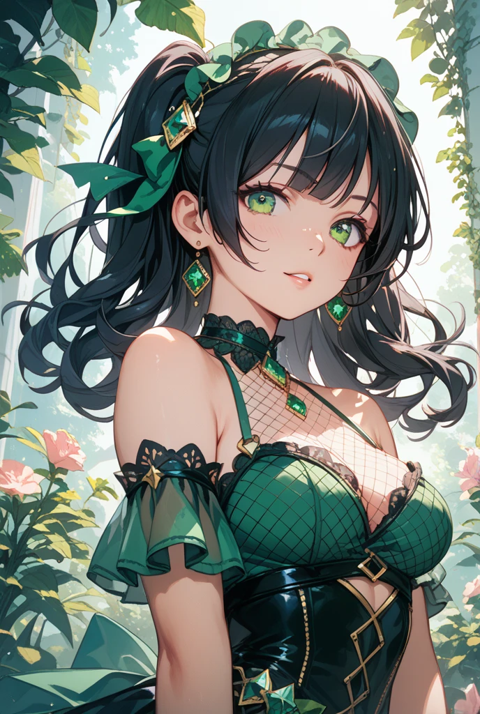 ((A young woman))), the anime, ( Green eyes), (black hair), Nice face, ssmile, the perfect body, Wavy Hair, hairlong, (((morena))), big breastes, ((tmasterpiece, beste-Qualit)), illustartion, ультра детализированная 8k, Photorealistic, sharp-focus, higly detailed, Professional lighting, colorful details, Rainbow colors, Glowing, intricate detials, Vivid details, Hippie style, Party in nature