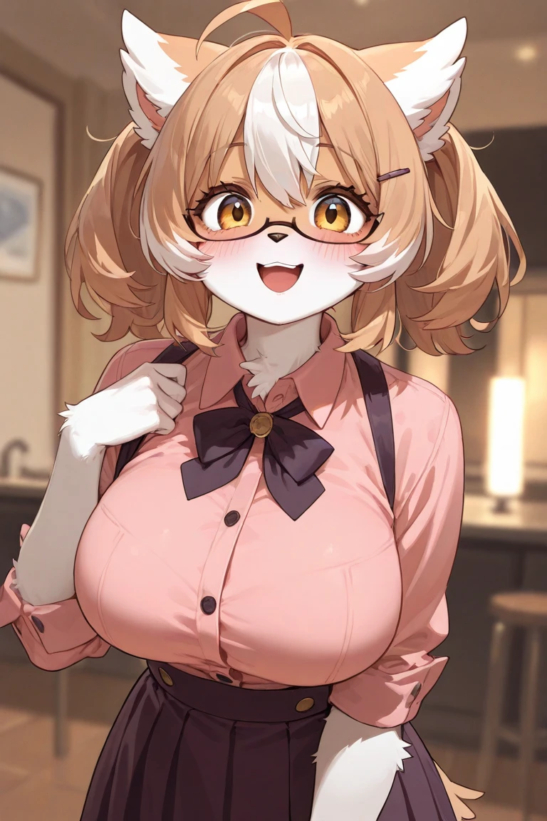 best quality,best resolution,(fluffy anthro furry :1.6),fox girl,medium breasts,red long hair,wavy hair,messy hair,naked white apron,round glasses,cleavage,side ,black ribbon bowtie,beautiful coffee cafe,white sunlight,sex suggestive face,looking at viewer,smile,open mouth,heart eyes,selfie