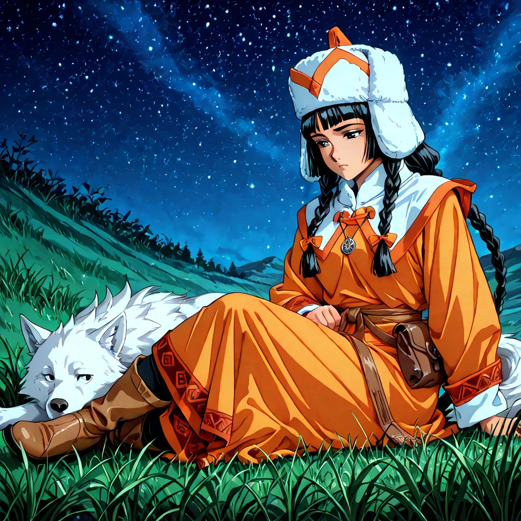 (Masterpiece:1.2), (Best Quality:1.2), Perfect Eyes, Perfect Face, Volume Lighting, 1girl, Beautiful Woman,15 years old, tattooed on face, Dark skin, Brown eyes, Smile, Excitement, NativAm, Woman in native dress, Wearing NativAm, Feathers on her head, Native gown, Native print, In the cave, legs clean, toned abs, lower breasts, sitting in front of the flame of the bonfire, Bonfire lighting, ((Be with the wolf, hug the little wolf))