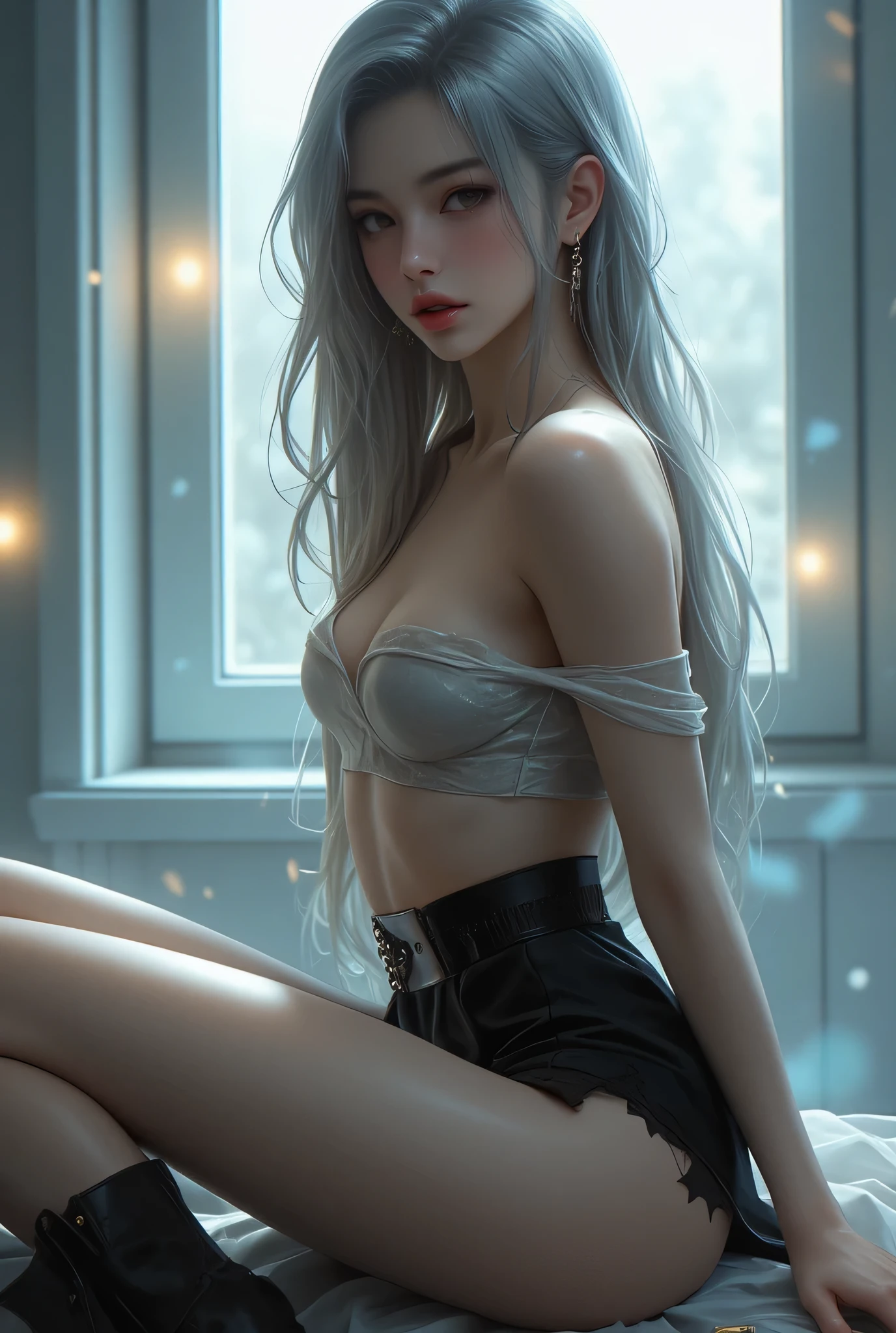 masterpiece,Game Art,Best picture quality,Maximum resolution,8k,(Upper Body),Unreal Engine 5 rendering works,(Digital Photography),(The girl looks at you lovingly,The smile is beautiful),Short hair details,(The eyes are very delicate),(With long gray hair:1.4),(Perfect body),(Bright dress,Black high heels,White cotton socks),(background:roof),light,night,Ray Tracing,RAW photos,((3D Unreal Engine)),OC rendering reflection mode