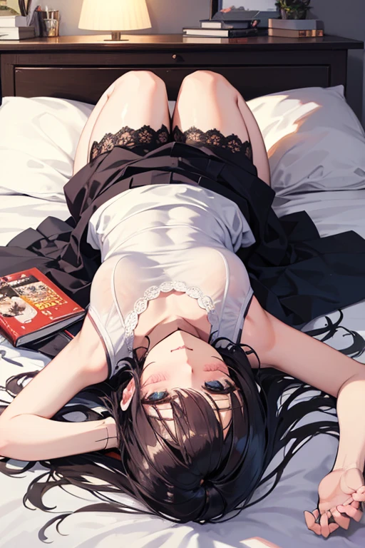 absurdres, RAW photo, extremely delicate and beautiful, masterpiece, Best Quality, ultra high resolution, 32k, hyperrealistic, ultra-detailed, perfect anatomy, anatomically correct, perfect figure, Perfect Style, Perfect balance, in her 20s, very small head, very small face, delicate facial features, tearful mole, earring, (very huge round breasts:1.2), bare legs, full body shot, medium hair, black hair, (school_uniform:1.2),