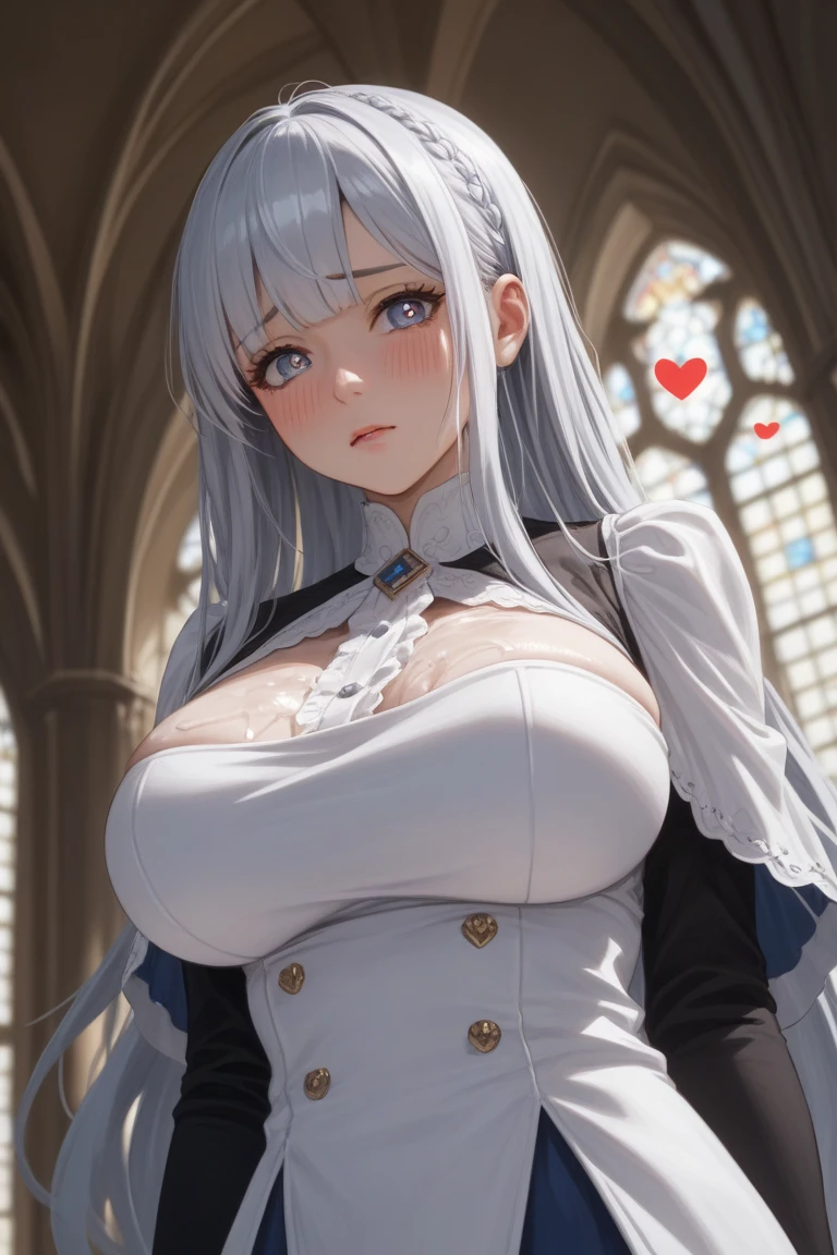 (Big Hair ,Thick hair ,Super long hair), (Expressive hair), cathedral, Headband, Cinema Lighting, Bust Chart, First Person View,Diagonal top view, Ultra-high resolution, (((masterpiece, Textured skin))), (Super Detail), Attention to detail, high quality, ((最high quality)), 16K, Upturned eyes, cute, Gothic Costume, Ruffled dress,corset,Fine Jewelry,Long silver hair,blue eyes, (Big Breasts:1.7),(((Nipples))),whole body