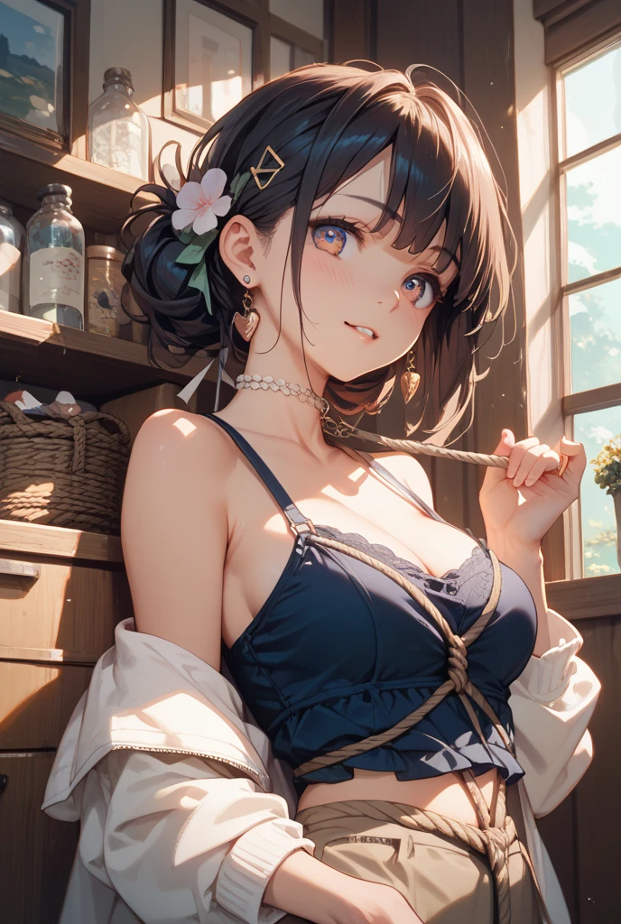 (from below:1.2),(from side:0.9), ((Face)), (Close-Up:0.4), (A masterpiece of image quality in 8K),(Beautiful Allafed Woman),(((emphasizing breasts:1.3))),(Dynamic angles),(Dynamic and sexy bending pose:1.3),(sit a chair:1.3),(Short hair in shiny silver and orange inner colors,large full breasts,Disturbance of clothing due to movement,breast slip,(Ponytail twisted buns adorned with elaborate braids and beads,Braided Setup Fishbone Hair:1.2),(see-through bangs),small breasts,(((A brown lace apron that shows your bare skin from under your small breasts.......)))、Blush with embarrassment、Enraptured eyes、 open mouth,A smile that beguiles the viewer、(Look back:1.7)、Look into the photographer,skin glistening with sweat,gazing at viewer,,(Professional Lighting),(masutepiece,top-quality,Ultra-high resolution output image,),(Ultra HD with complex detail image modes),depth of fields,Beautiful hands,Beautiful fingers,Detailed finger features,(Detailed hair features:1.7),detailed facial features,detailed clothes features,