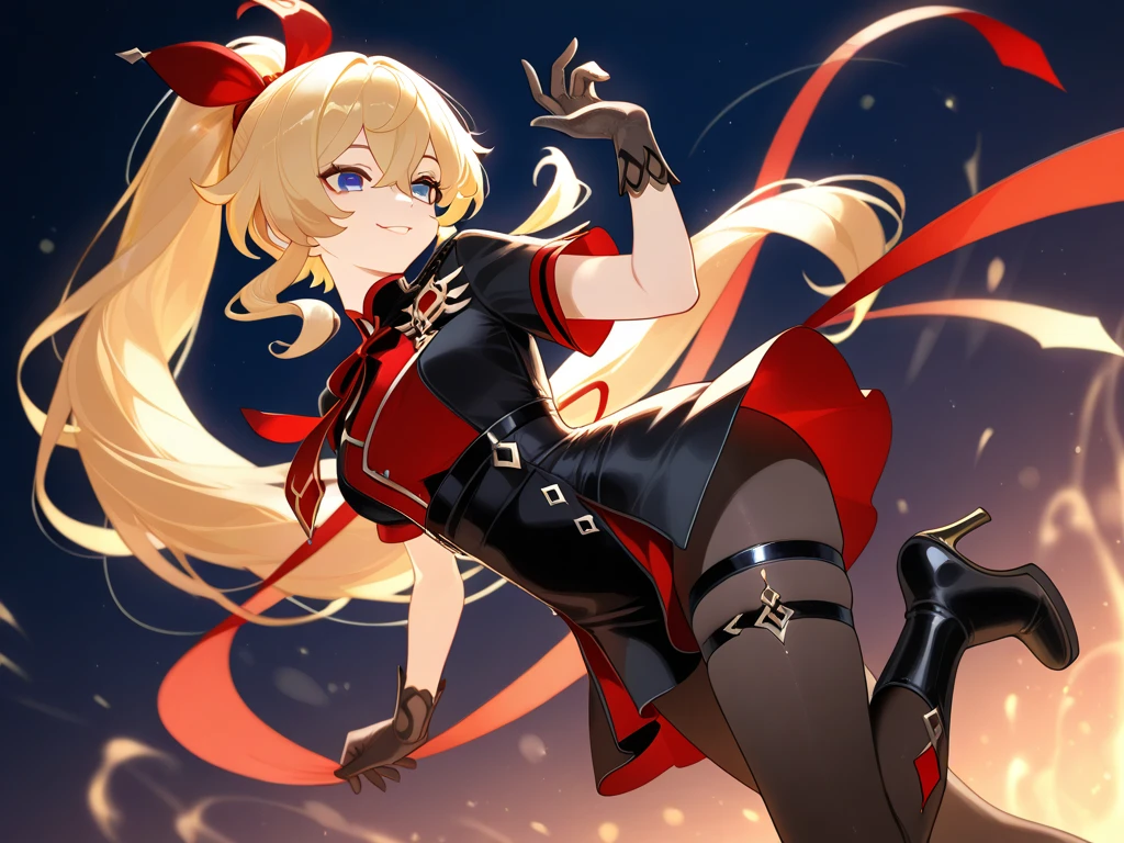 A hentai character, Nanako Von Meinsfelt, by Fan no hitori, uploaded to Nhentai.net, blonde hair twintail, ojou-sama, black school uniform, red cravat with a white cross on it, black pantyhose, brown mary jane shoes, a pleated skirt, with stunning blue eyes, large breasts, thick thighs, pantyshot, masterpiece, best quality, full-body portrait, background gorgeous private school