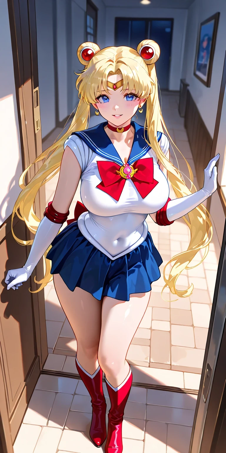 masterpiece, high definition, best quality, rendered art, well formed hands, fingers and body, 1 woman, solo, Ganyu, goat horns , adult, grown up, wearing Sailor Moon's outfit, big breasted, cleavage, full body, sexy sailor senshi uniform, short blue skirt, red boots, gorgeous hips, legs and thighs, white elbow gloves, sailor collar, tiara, earrings,ryona,in peril, she is defeated, knocked out, passed out, closed eyes, exhausted, unconscious, laying down on the sand, extended exposed body, full body on the sand, breathing heavily, sexy smirk on her face, bouncing breasts, sexy defeated pose, defeat and KO scene, fallen beauty, martial arts tournament with beach environment