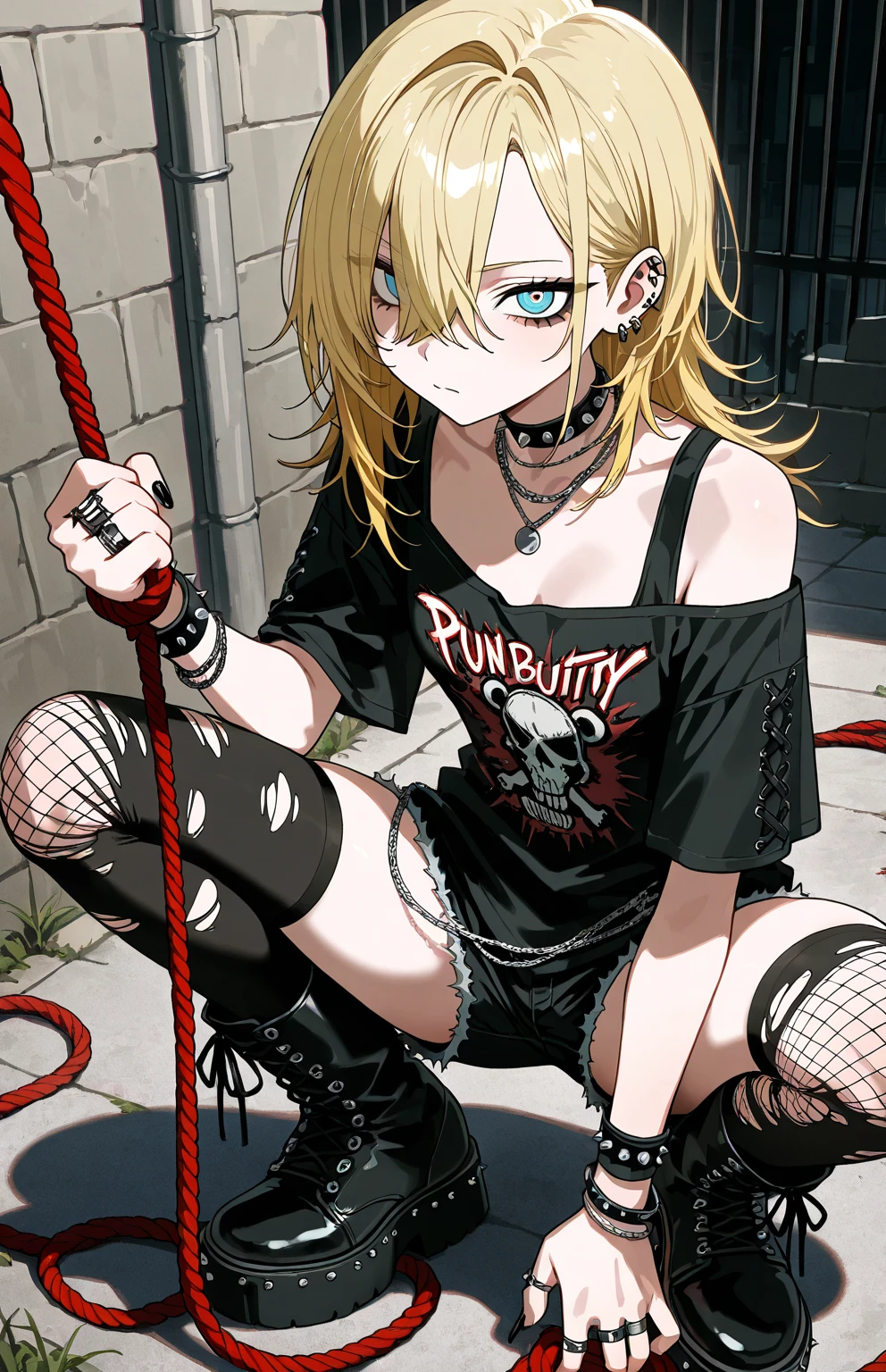 a 20 yo woman、a blond、bustup、toppless、The tattoo、grabbing breasts herself、gargantilha、chains、srestrained、teats、(hi-top fade:1.3)、A slender、Open your crotch、dark themed、Muted Tones、Subdued Color、highly contrast、Perspective、(natural skin textures、Hyper-Realism、Soft light、sharp)