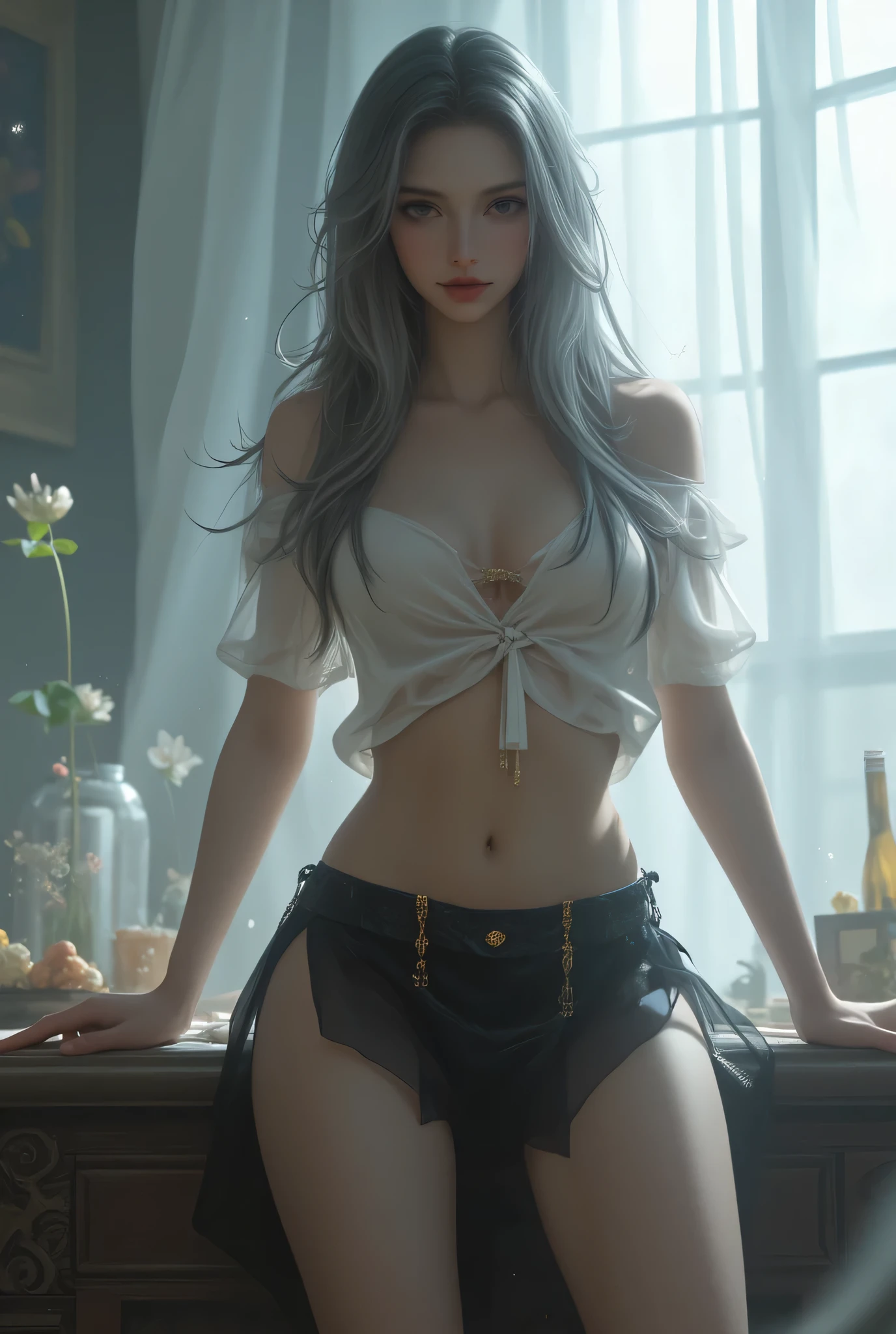 one girl, short t-shirt, skirt, leggings, blue eyes, big ass, perfect breasts, slim, Cute, sexual, very detailed, refined lighting and composition, , 8 K, spicy, very detailed, a high resolution, looking back