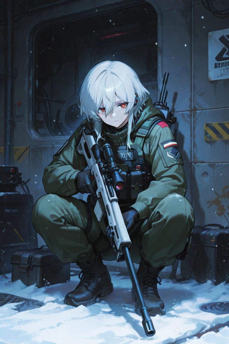 anime character with gun in hand and scarf, an anime drawing inspired by Okumura Togyu, trends on pixiv, neoism, trigger anime art style, Anime main art, white hair, best 4k konachan anime wallpaper, an angry teenage killer, de white hair, male anime character, anime character detailed art, with white sniper No errors Symmetry Right hands Sniper position Short, messy hair Scarf covering the face Black assassin's outfit White sniper painted white white details