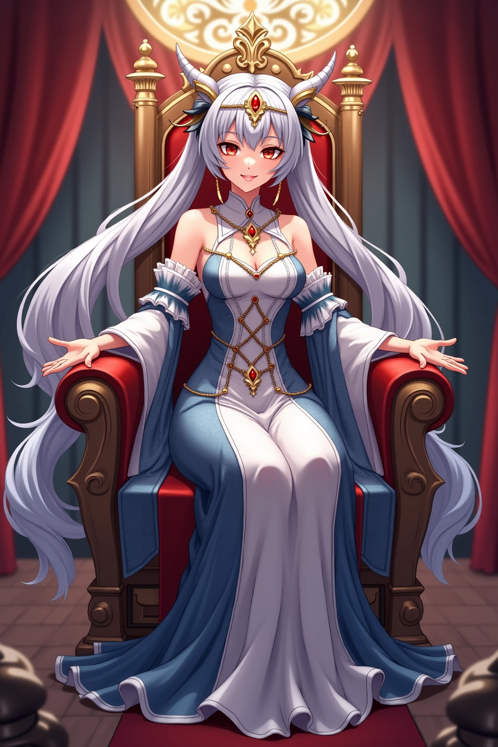 ((best quality)), ((masterpiece)), (detailed), 1girl, succubus clothes, hot clothes, hot looking, average boob size, wolf, long hair, fluffy, kemono, red eyes, smiling, holding a book, cute, fancy royal clothes, grey fur colors, ring on a finger, full body, epic background