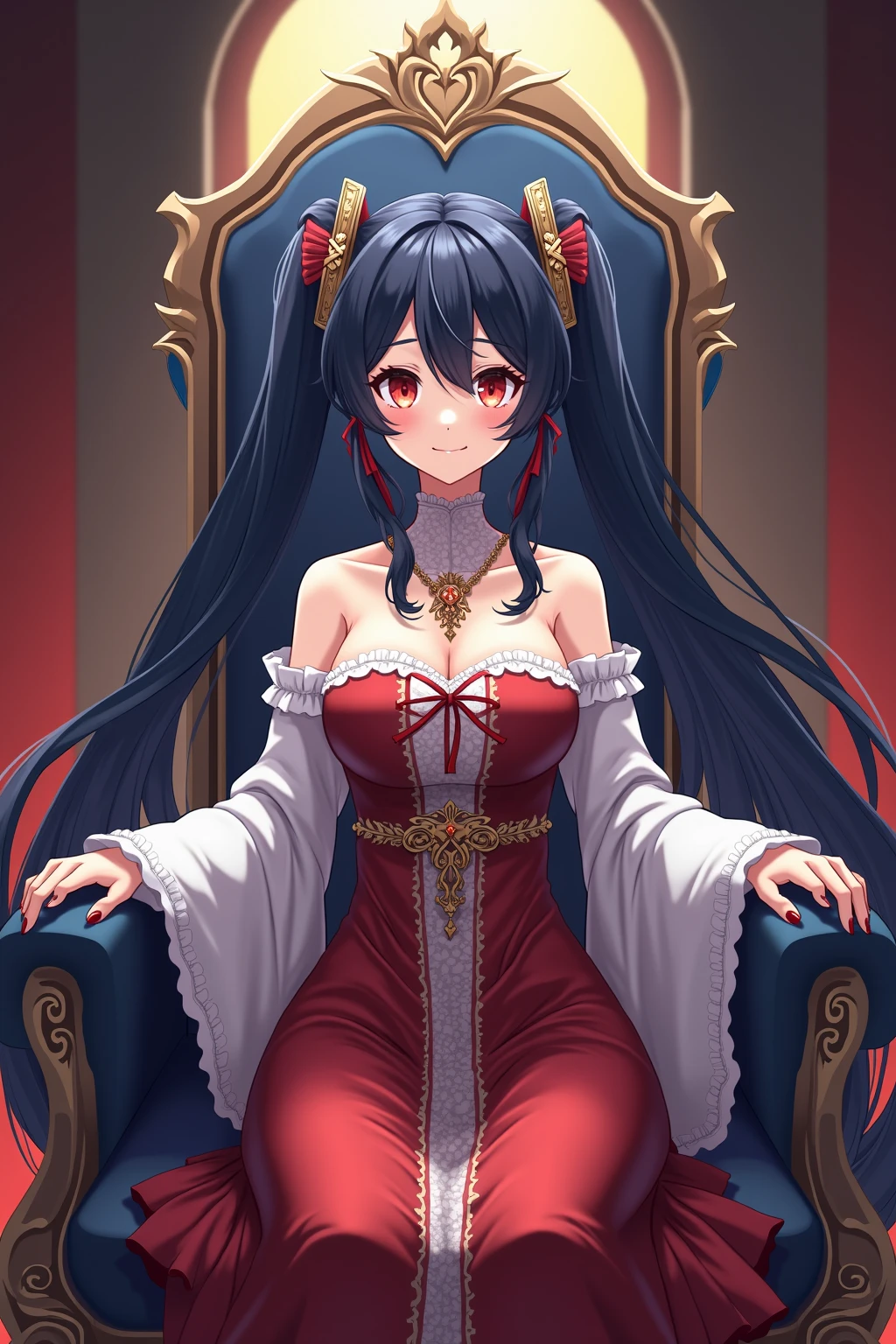 Create a highly detailed anime-style illustration of a beautiful and confident woman sitting elegantly on an ornate, dark red throne. The woman has long, flowing black hair that cascades over her shoulders. She is wearing a luxurious, form-fitting red and black corset dress with intricate golden accents. The dress has a low-cut neckline that highlights her ample cleavage, and her sleeves are short and puffy. The woman is seated with one leg crossed over the other, showing off her smooth, pale skin and shapely legs. She is wearing stylish black high-heeled shoes with red ankle straps. Her expression is calm and slightly seductive, with a confident smirk on her lips. The background features a grand room with large windows and heavy red curtains, allowing warm sunlight to stream in, creating a regal and slightly seductive atmosphere. The lighting should emphasize the richness of her attire and the luxuriousness of her surroundings.
