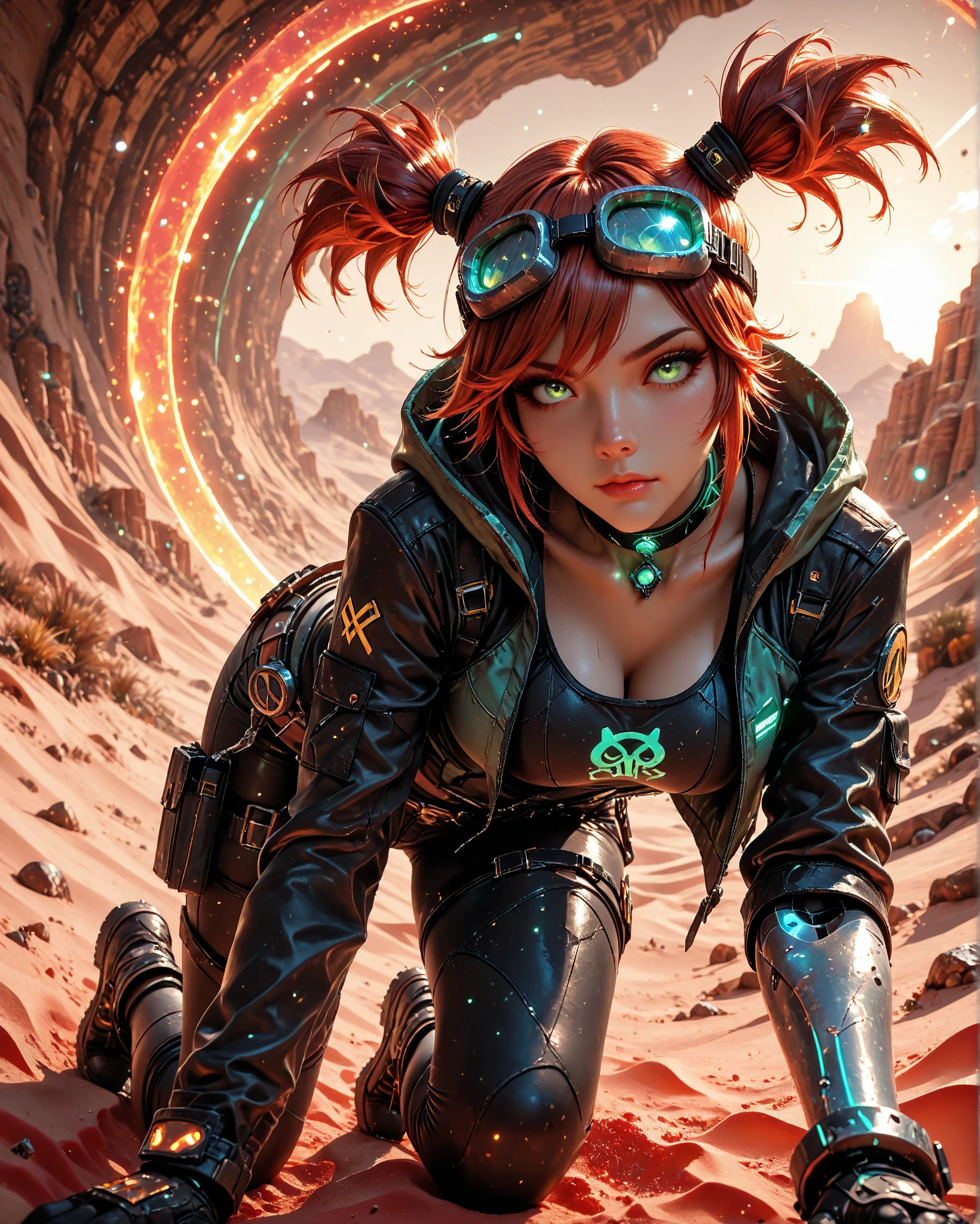 cute redhead woman in twin tails, multiple rainbow colored hair, sky-blue eyes, happy, Ukrainian, petite, pale skin, wearing a green metallic color bikini, post apocalyptic background, bleak barren desert, photo realistic woman. --auto