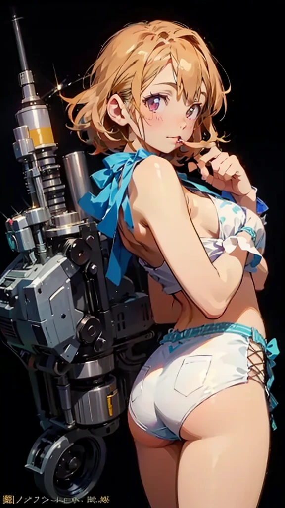 anime girl in bikini with giant gun in front of factory, smile,80s anime,Kantai Collection Style, Railgun, makoto shinka, Girl with warship parts, yellow wind, Kantai Collection, bikini + Tattered military equipment, art of yellow wind pixel, Anime Machine Gun Shooting, Makoto Shinkai and Artgelm, Biomechanical OPPAI