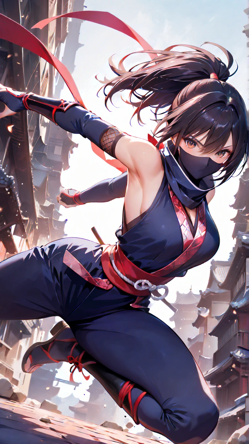 Black clothes。Black Mask。Female Ninja in her 20s。 Female ninja。sexly。Erotic。Running with her black hair fluttering。Speed。beautiful girl。Handsome。Shuriken in hand。Great style。whole body。The background of the battle scenes is a traditional Japanese building。