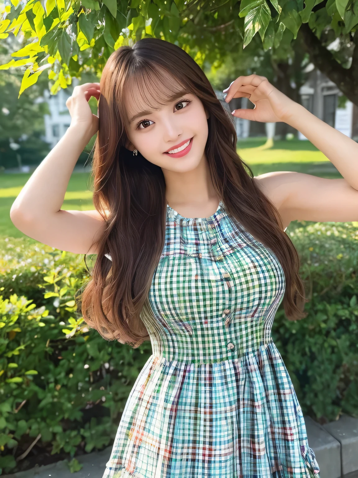 masterpiece, Highest quality, High resolution,Ultra-detailed, Stunningly beautiful woman,8k wall,one girl, (a beauty girl, delicate girl:1.3), (13 years old:1.3), break, (A casual colorful checkered dress:1.3), break, Extremely fine grain definition, (Symmetrical eyes:1.3), break, (Lush green park:1.3), break, Small breasts, Brown eyes, Parted bangs, Brown Hair, girl, break, (Eye and facial details:1.3),A smile showing white teeth,
