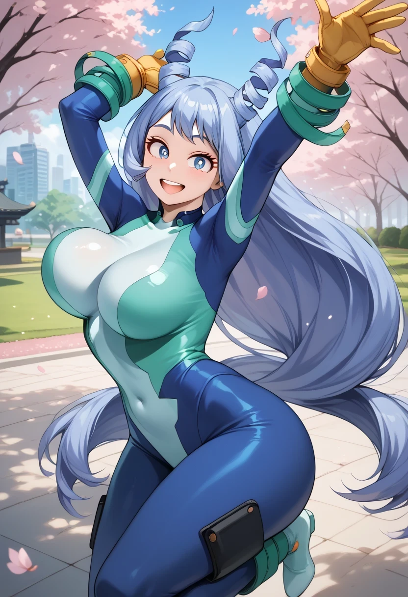((((MASTERPIECE)))), best quality, 1 girl, solo,huge breasts,big ass,nejire hadou, blue eyes, blue hair, long hairhorns, blue bodysuit, bodysuit, drill hair, gloves, green bodysuit, multicolored bodysuit, multicolored clothes, yellow gloves,voluptuous,,intricate_details_xl,Beautiful attention to detail:1.2, (perfect hand, perfect anatomy), super detailed, beautiful face,,park,cherry blossoms,dancing,bouncing breasts,raised arms:0.7,smile