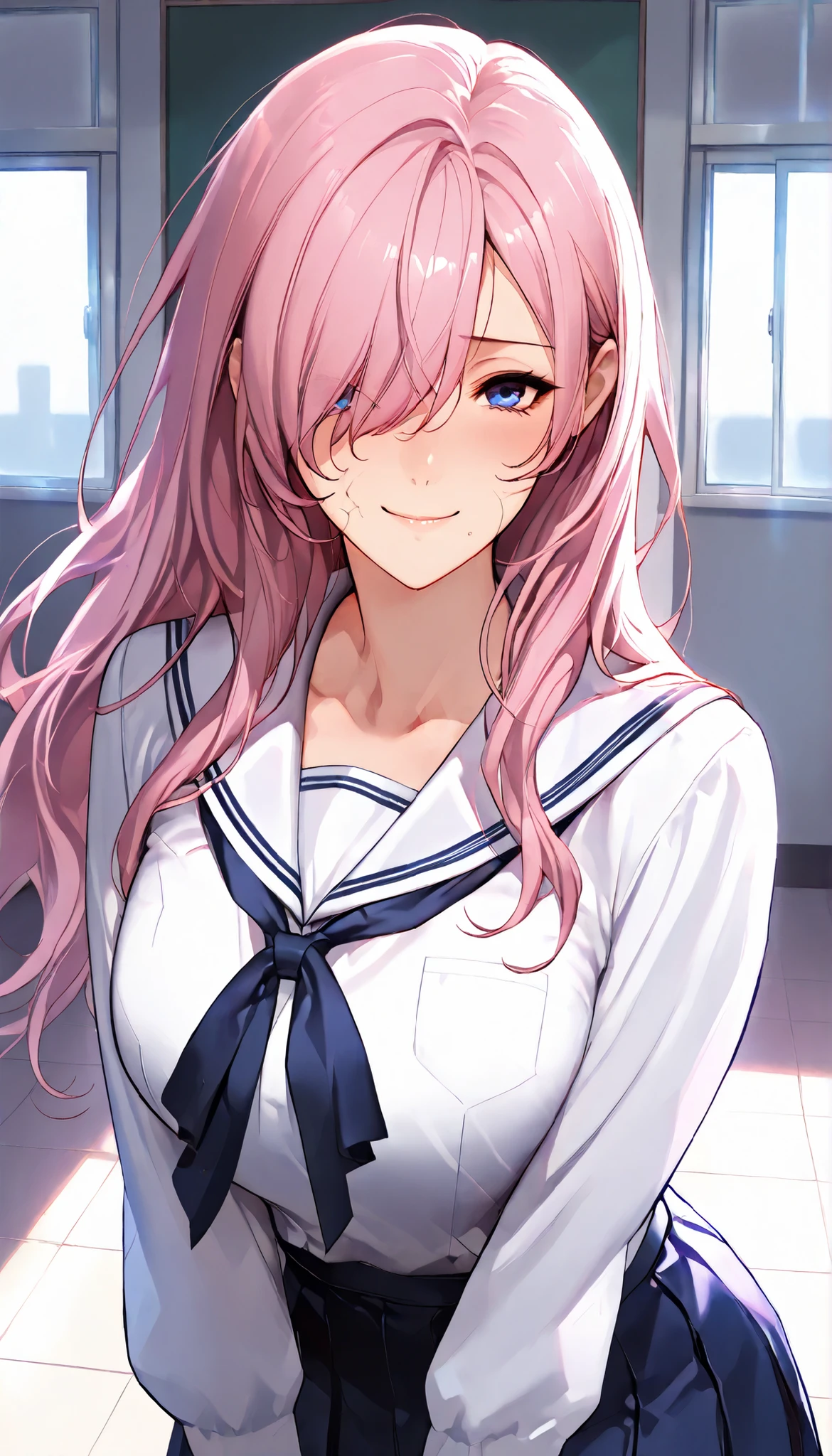 SOLO,Modern Backgrounds,A female with slim body(older girl),blue eyes,shiny skin,(Wearing A loose JK skirt),(White school uniform),In The school,light smile,Pink long hair, hair over one eye),slightly tilted forward,UHD, SOLO, anatomically correct, masterpiece, textured skin, high details, highres, 1080P, 16k, accurate, Beautiful face, Beautiful Nose, Perfect face, Highly detailed beautiful face and eyes, Attractive face, Detailed face, Delicate facial features, Detailed skin,(Upper focus)