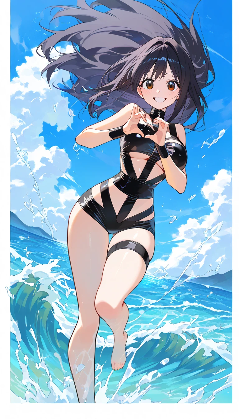 ランダムなSwimwear,,Blushing、Black Hair、ponytail、Pale orange eyes、Head to toe full body、Blushing、Embarrassed look、Composition from the front、A view from slightly below、school swimwear、Acme Face、Random pose、, 、nsfw、Highest quality、1 girl、solo、Ocean、Sandy Beach、Sexy pose、Random pose、Blushing、Wet、Embarrassed、I can see half of my 、、ワンピースSwimwear、(Strap slip:1.3)、Swimwear