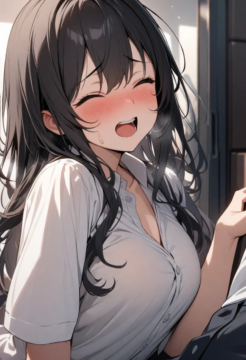 1girl, ultra high res, large chest, cleavage, oversized shirt, bent down, thigh, close eyes , smile