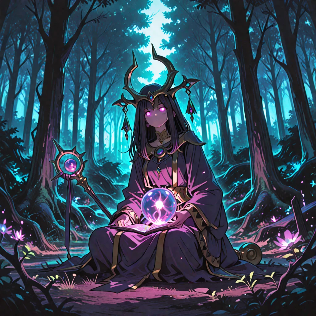 A woman with dark skin and long, pointed black nails. She wears a horse skull with bull horns as a mask, and a purple cape with gray and black adornments. The cape is like a cloak, covering the back and the right and left sides of the body. He also wears a dark gray cloth skirt with 6 purple dots, covering his entire hip. His torso is exposed, revealing a muscular body. Her chest is covered in a dark gray cloth with a magical rune printed on it. She is elegantly sitting on the roots of a tree, looking at her hand. In her hand, a transparent white magical pentagram is floating.