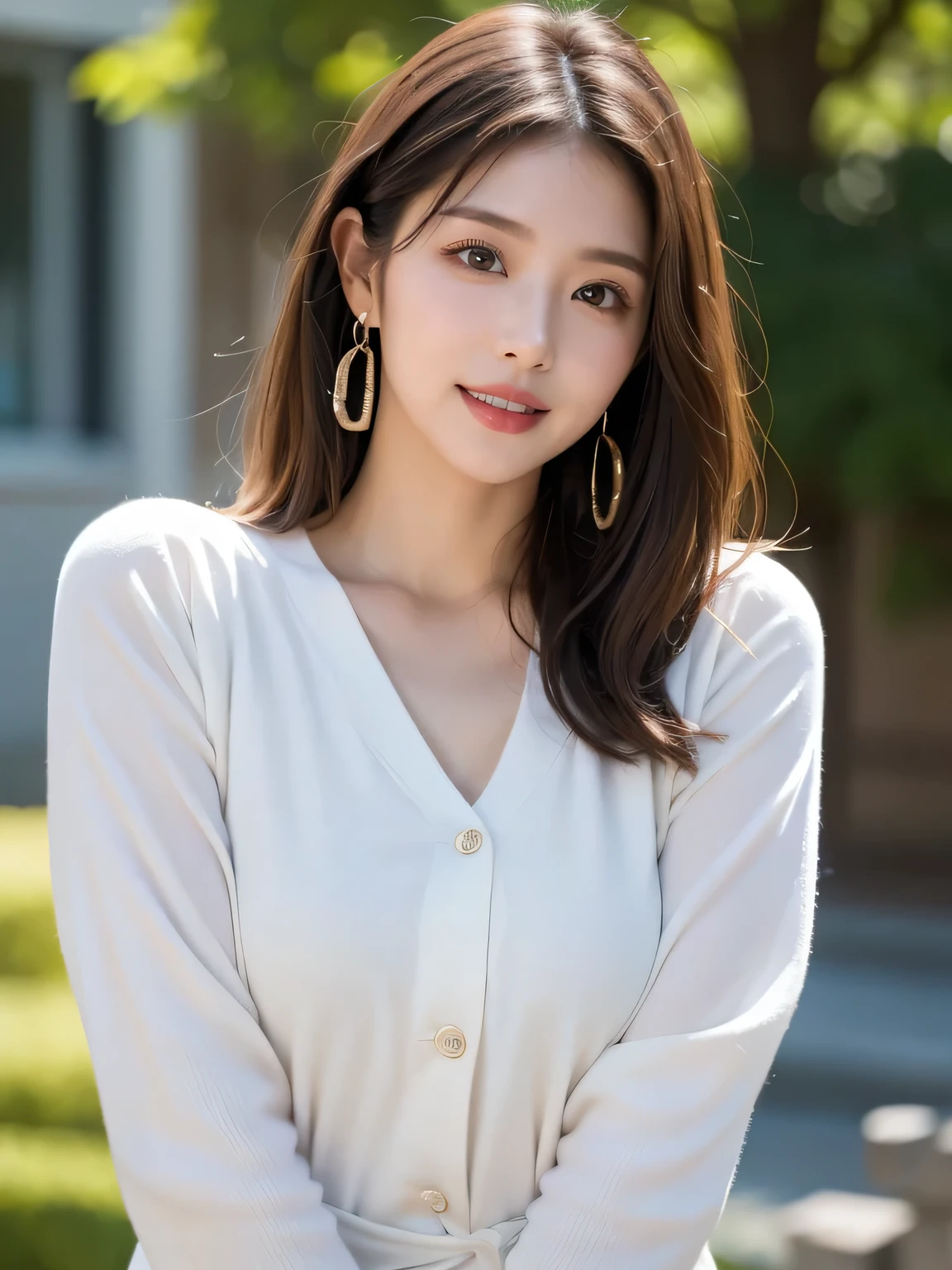 Park parking lot, full-time housewife, ((full body)), ((photo)), ((best qualtiy, 8K, tmasterpiece:1.3)), Focus:1.2, perfect figure beautiful girl:1.4, 1girl, cowboy shot, look at viewer, incredibly absurd, beautiful and cute girl with a photorealistic face, showcasing top-quality craftsmanship, A Japanese woman relaxing in her car parked in a park parking lot, 23 years old, medium-long brown hair, parted in the middle with curls at the ends, bangs cut above the eyes, naturally rounded hairline, large chocolate brown eyes, long eyelashes, cherry blossom lips, slightly high nose, oval face, fine skin, plump cheeks, soft chin, gentle smile, glamorous, fair skin, large buttocks, beautiful D-cup breasts, cream-colored trench coat, black tight skirt, white blouse, gold necklace, gold bracelet, black heels, pretty older woman, beautiful, glamorous, gentle, attentive, passionate, curious, loves to talk, March