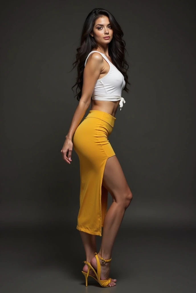 Full body picture of an image of a young dark-tanned sexy woman with feminine features, full body picture, extremely Long messy orange hair,
loose deep-open shirt and a very extremely short skirt split along both sides, full body of a very secy dance, photo and digital art, ultra-detailed 16k 3D, realistic